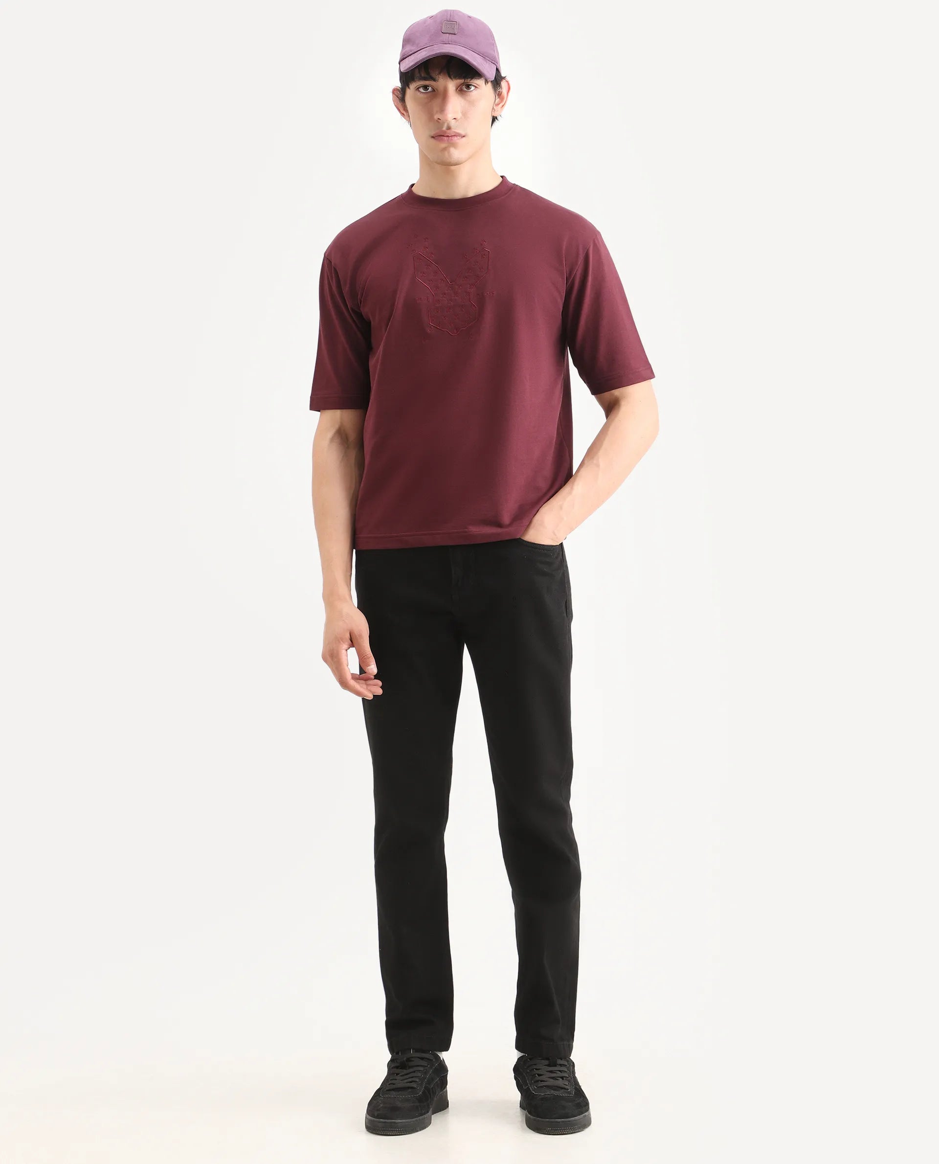 Rare Rabbit Men's Tiz Dark Red Cotton Fabric Half Sleeve Crew Neck Oversize Graphic Print T-Shirt