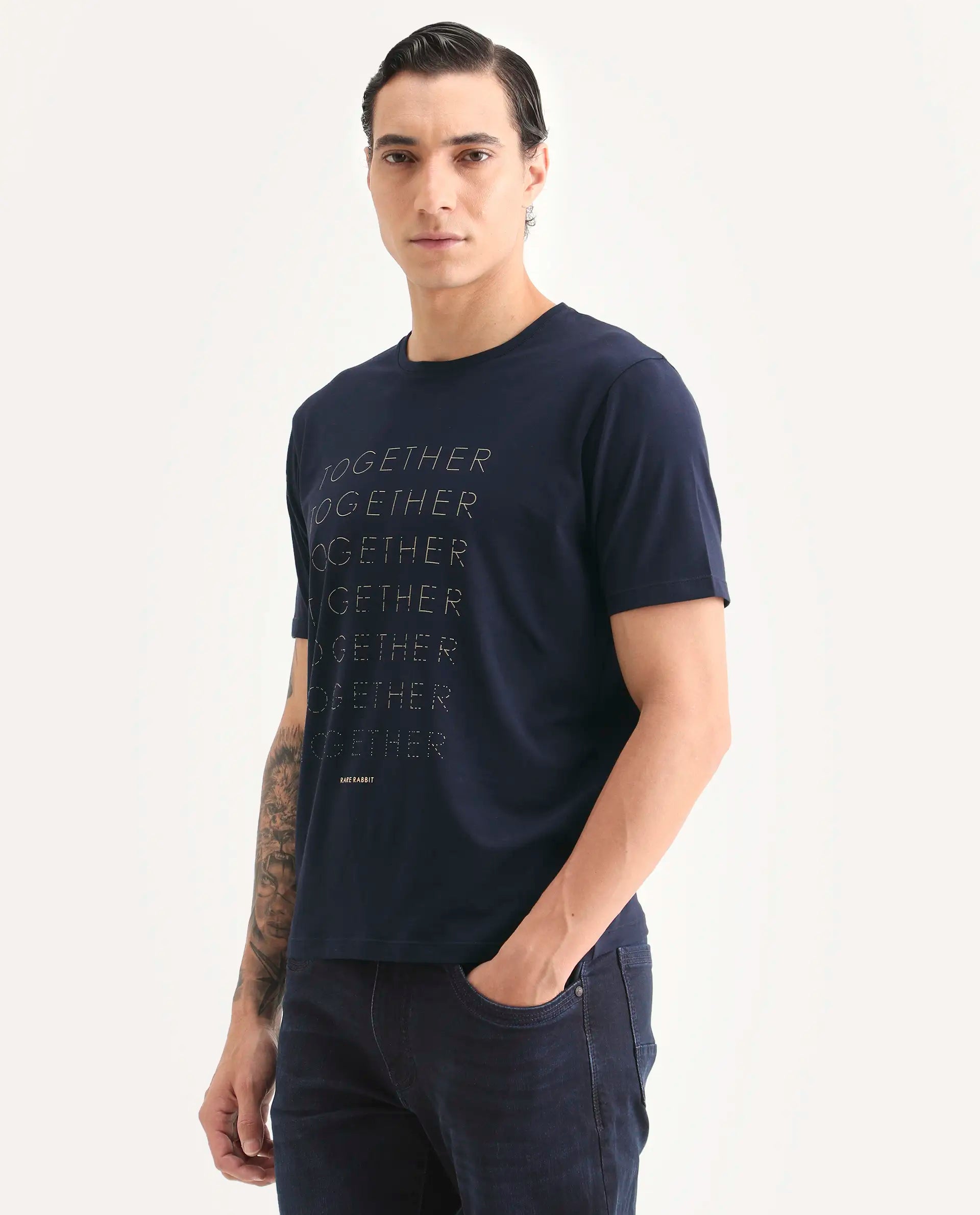Rare Rabbit Men's Together-S26 Navy Cotton Blend Fabric Half Sleeve Crew Neck Regular Fit Graphic Print T-Shirt