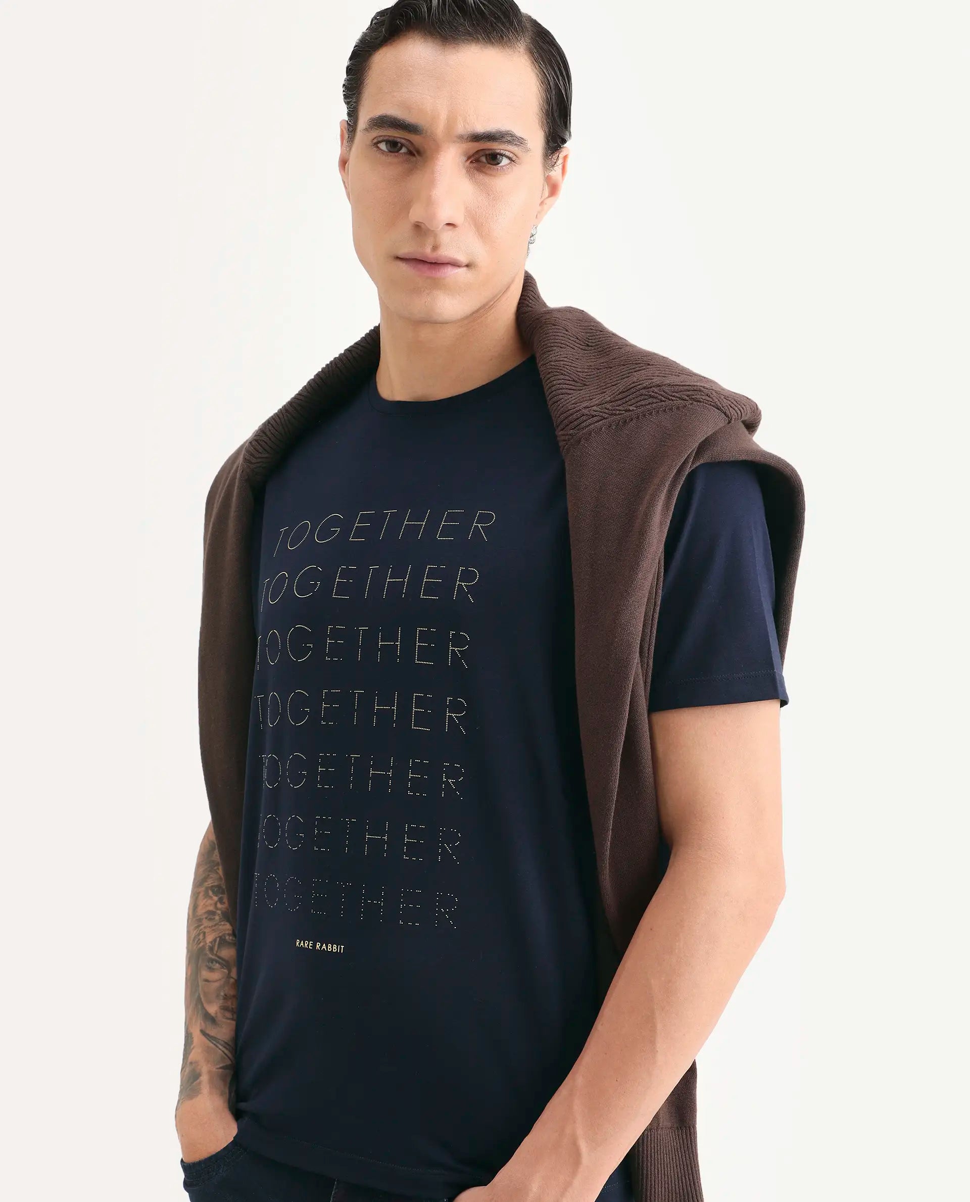 Rare Rabbit Men's Together-S26 Navy Cotton Blend Fabric Half Sleeve Crew Neck Regular Fit Graphic Print T-Shirt