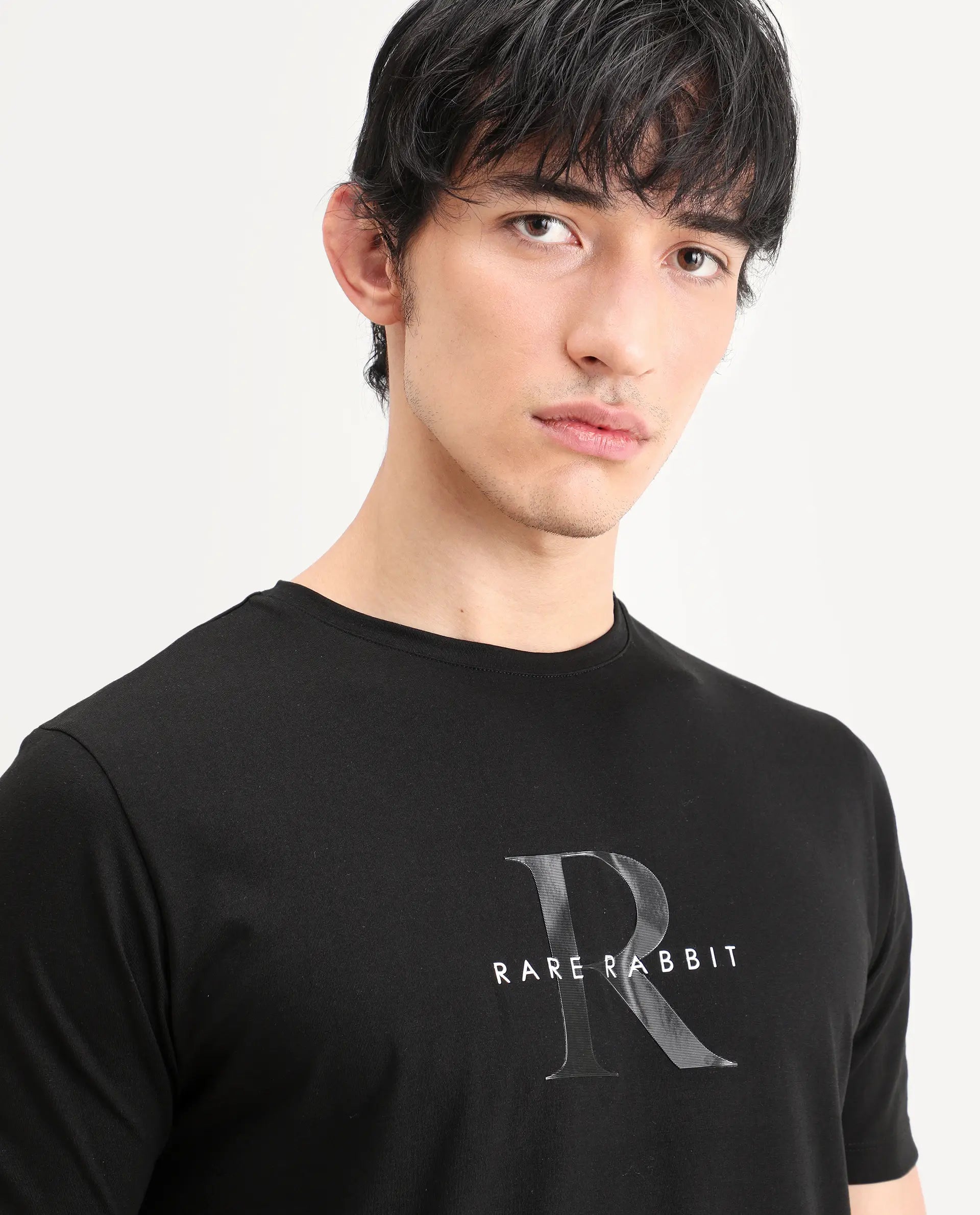 Rare Rabbit Men's Toka Black Cotton Blend Fabric Half Sleeve Crew Neck Regular Fit Graphic Print T-Shirt