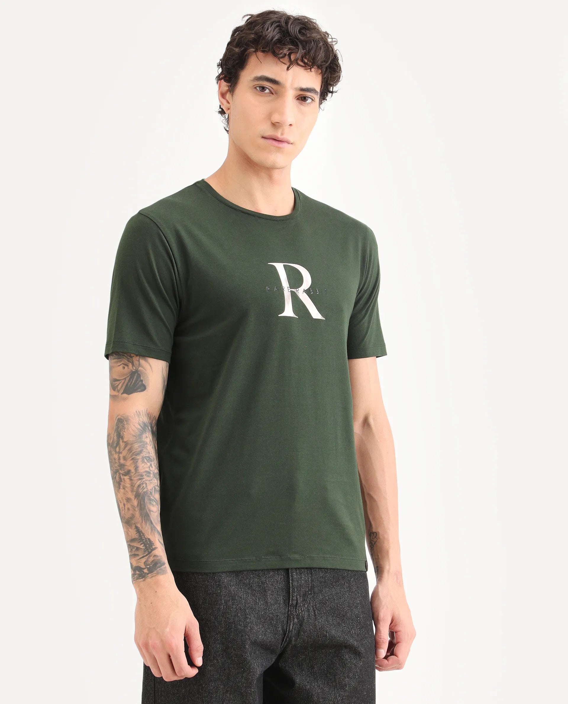 Rare Rabbit Men's Toka Dark Green Cotton Blend Fabric Half Sleeve Crew Neck Regular Fit Graphic Print T-Shirt