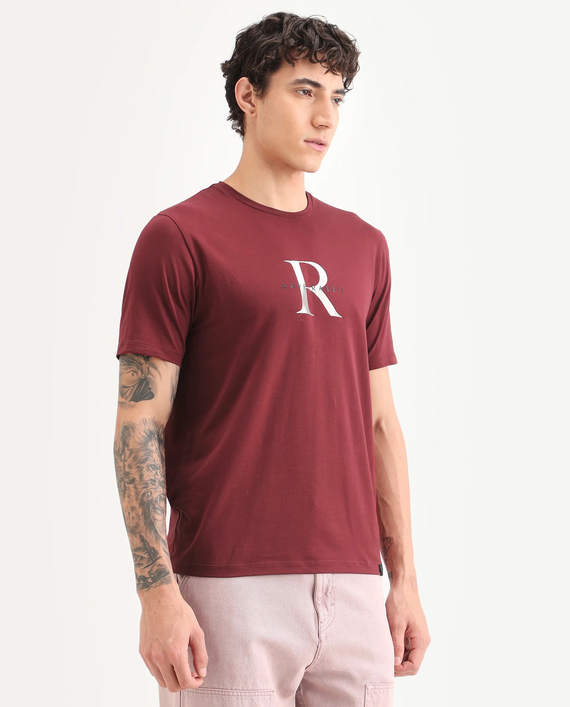 Rare Rabbit Men's Toka Dark Red Cotton Blend Fabric Half Sleeve Crew Neck Regular Fit Graphic Print T-Shirt