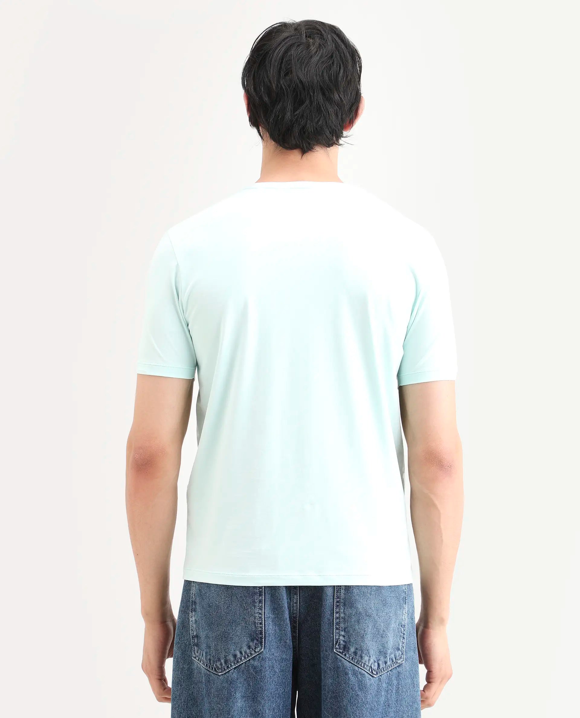 Rare Rabbit Men's Tregor Pastel Green Cotton Blend Fabric Half Sleeve Crew Neck Regular Fit HD Print T-Shirt