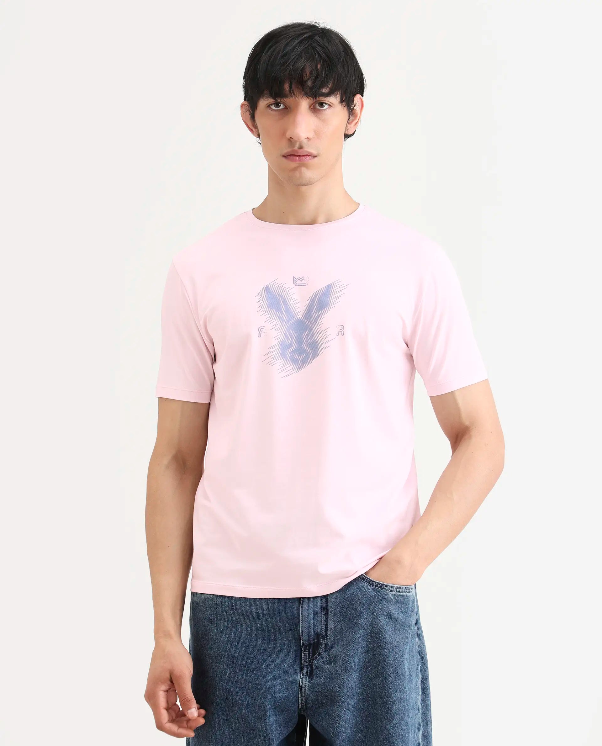 Rare Rabbit Men's Tregor Pastel Pink Cotton Blend Fabric Half Sleeve Crew Neck Regular Fit HD Print T-Shirt