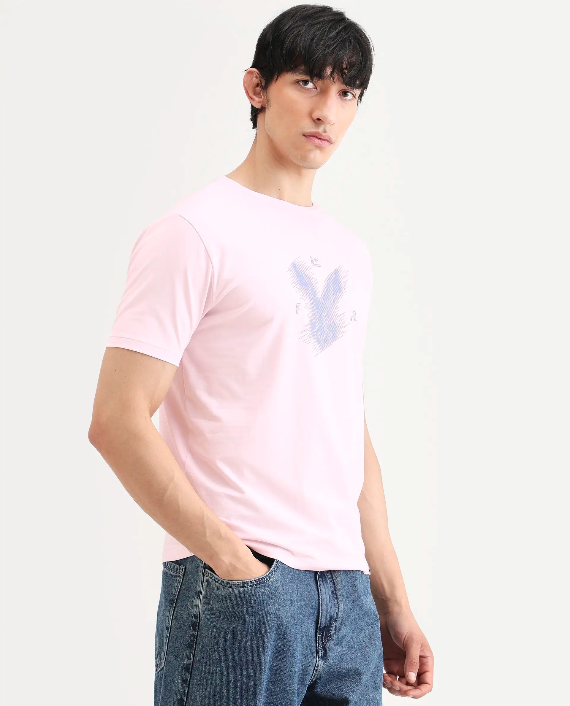 Rare Rabbit Men's Tregor Pastel Pink Cotton Blend Fabric Half Sleeve Crew Neck Regular Fit HD Print T-Shirt