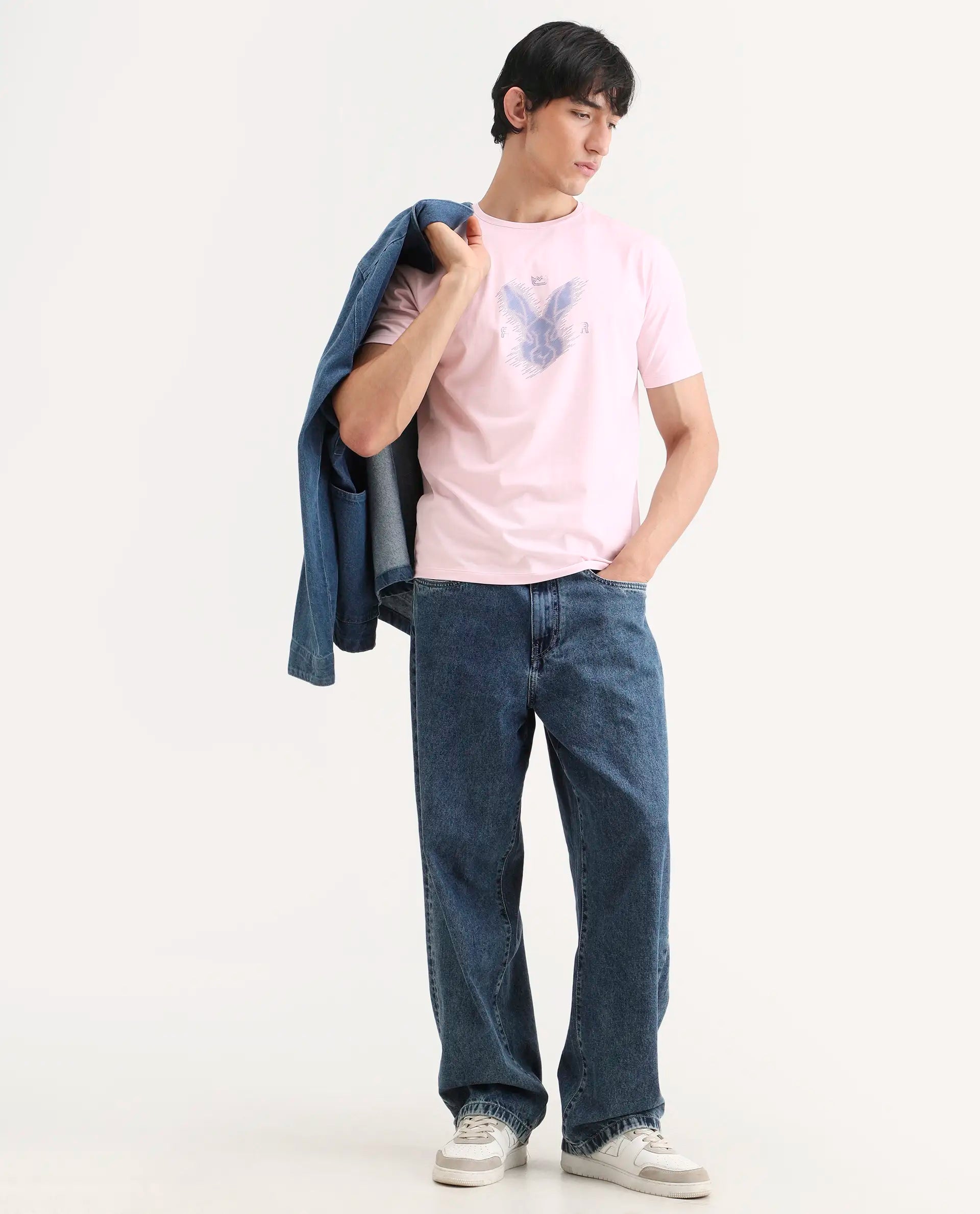 Rare Rabbit Men's Tregor Pastel Pink Cotton Blend Fabric Half Sleeve Crew Neck Regular Fit HD Print T-Shirt