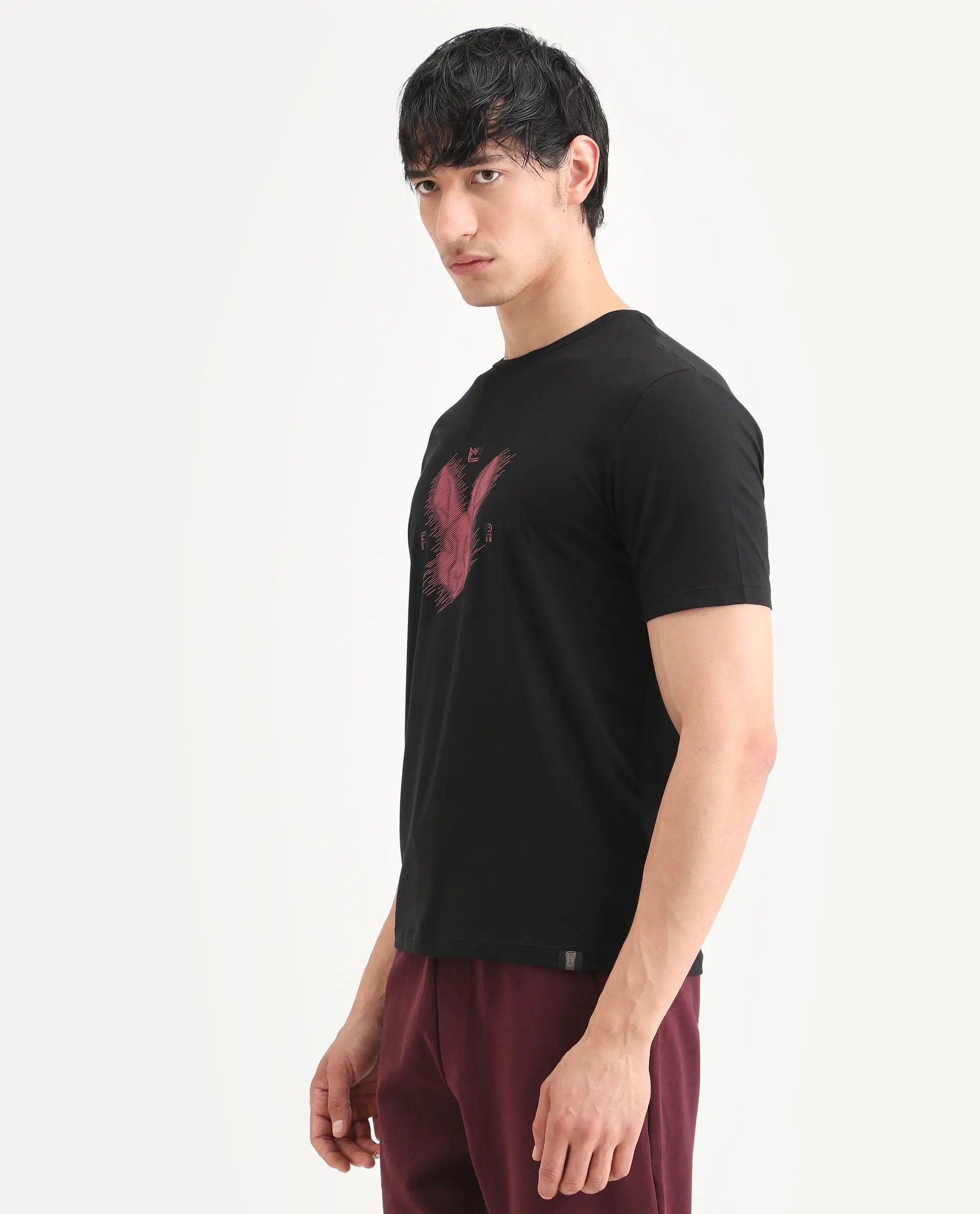 Rare Rabbit Men's Tregor Black Cotton Blend Fabric Half Sleeve Crew Neck Regular Fit HD Print T-Shirt
