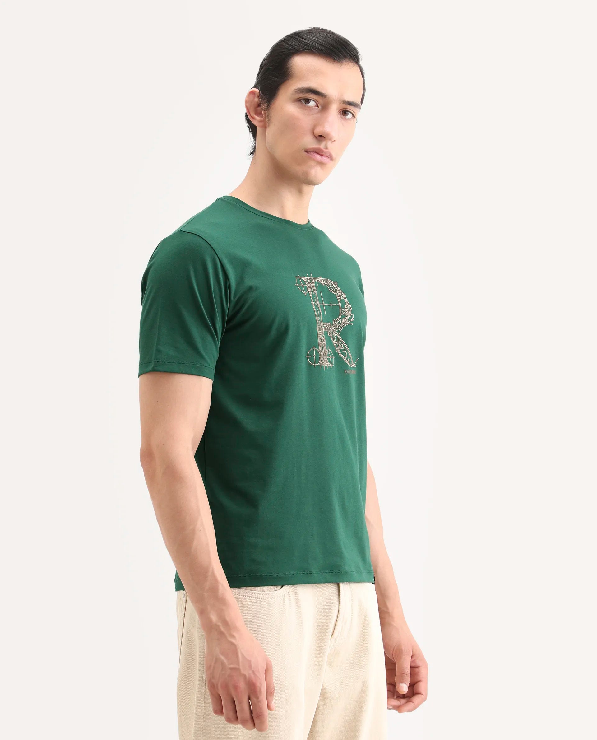 Rare Rabbit Men's Trel Dark Green Cotton Blend Fabric Half Sleeve Crew Neck Regular Fit Graphic Print T-Shirt