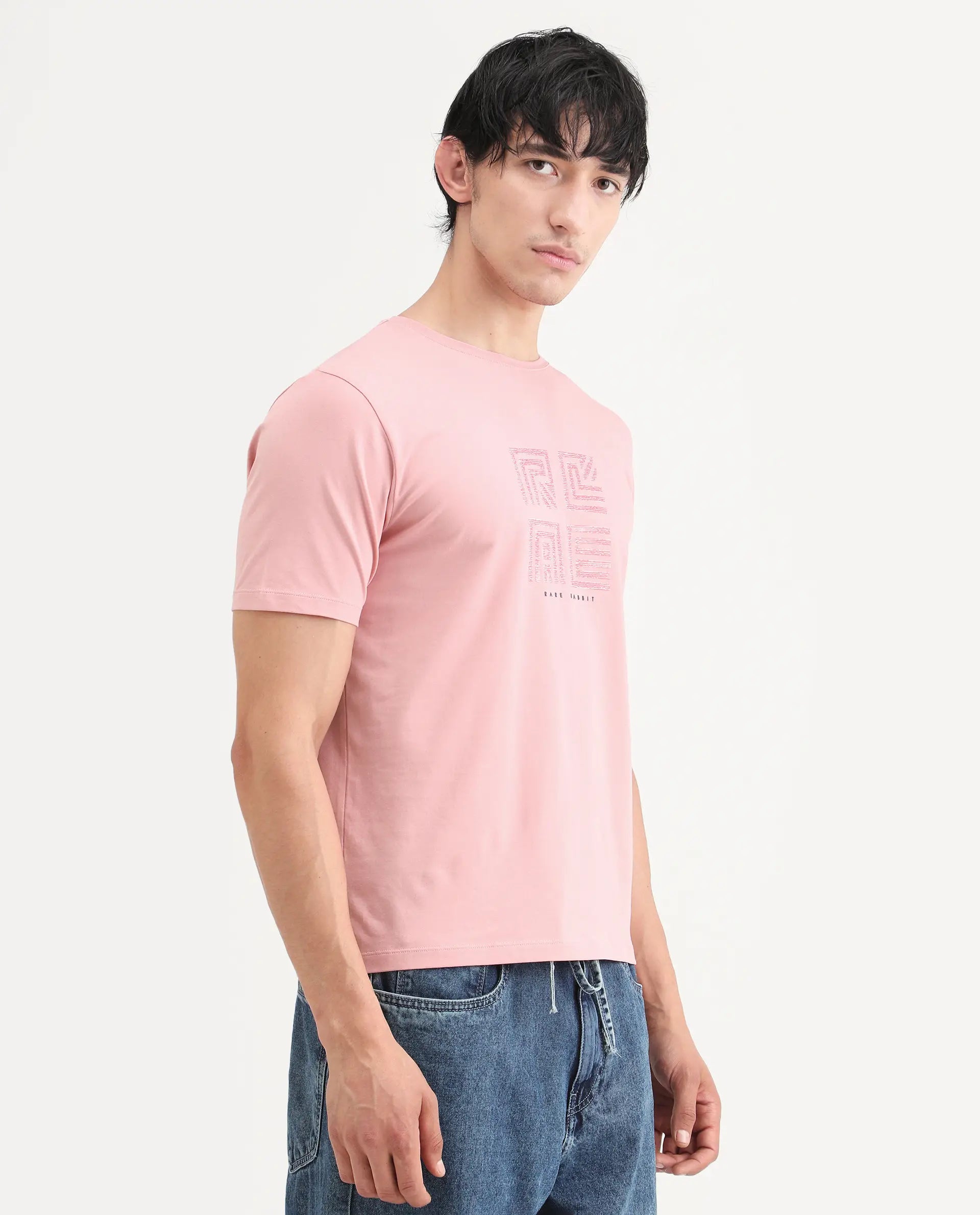 Rare Rabbit Men's Trov Pastel Peach Cotton Blend Fabric Half Sleeve Crew Neck Regular Fit Graphic Print T-Shirt