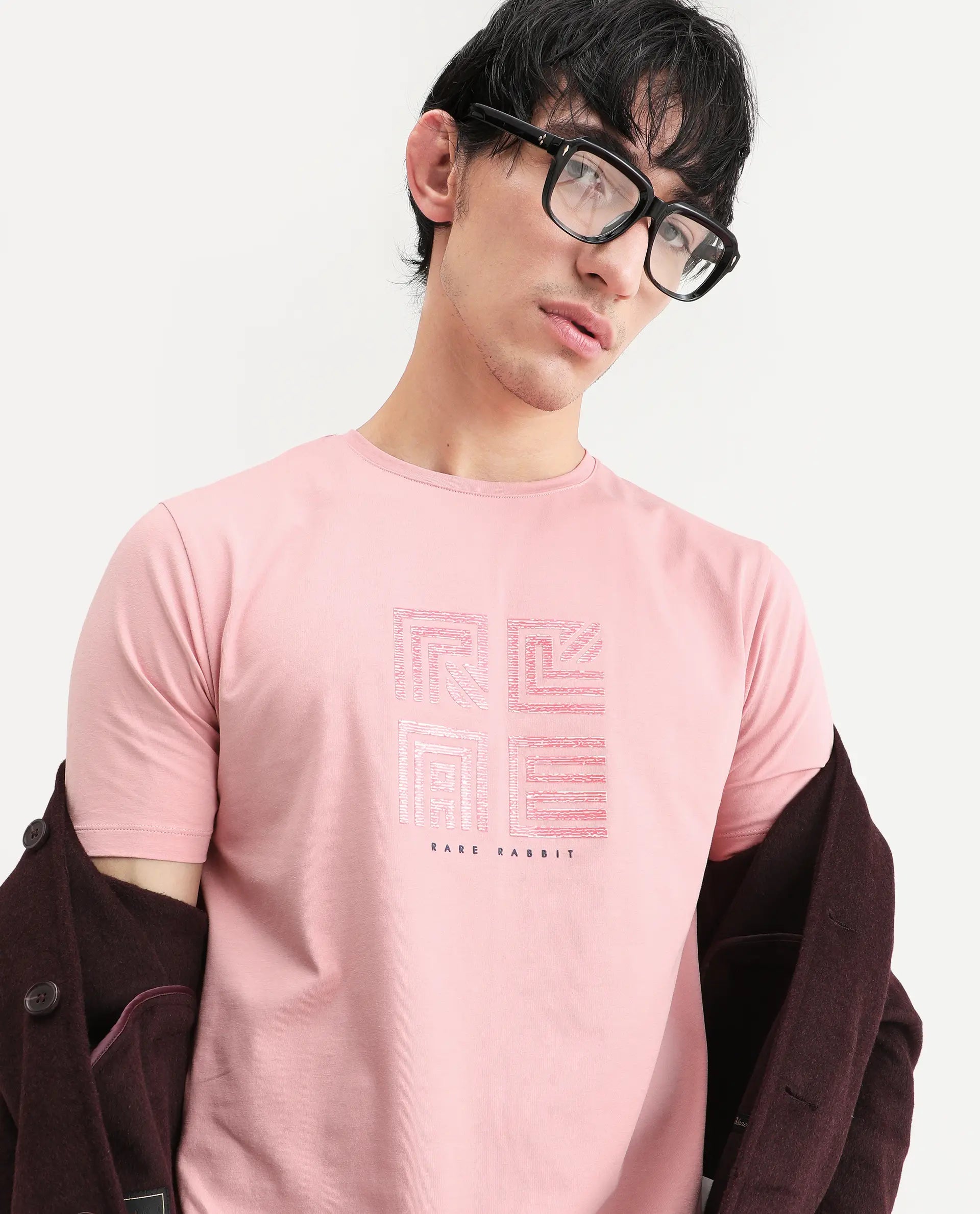 Rare Rabbit Men's Trov Pastel Peach Cotton Blend Fabric Half Sleeve Crew Neck Regular Fit Graphic Print T-Shirt