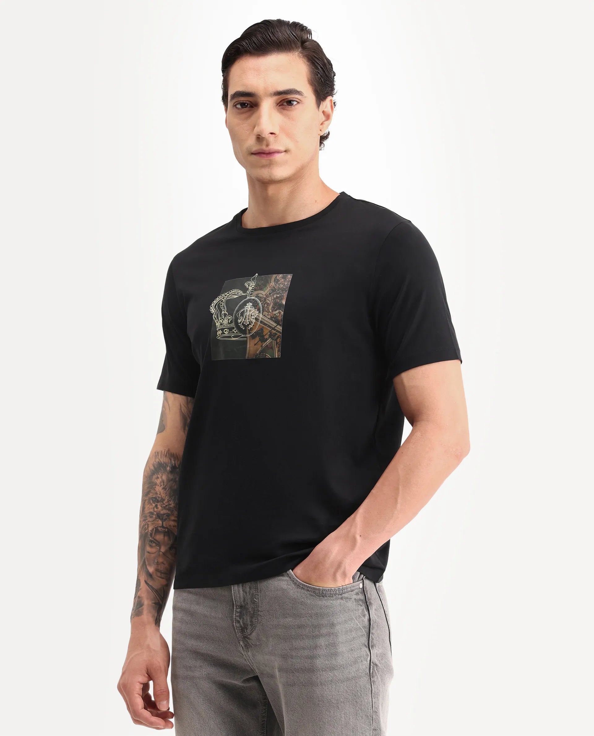 Rare Rabbit Men's Vavo Black Cotton Fabric Half Sleeve Crew Neck Regular Fit Graphic Print T-Shirt