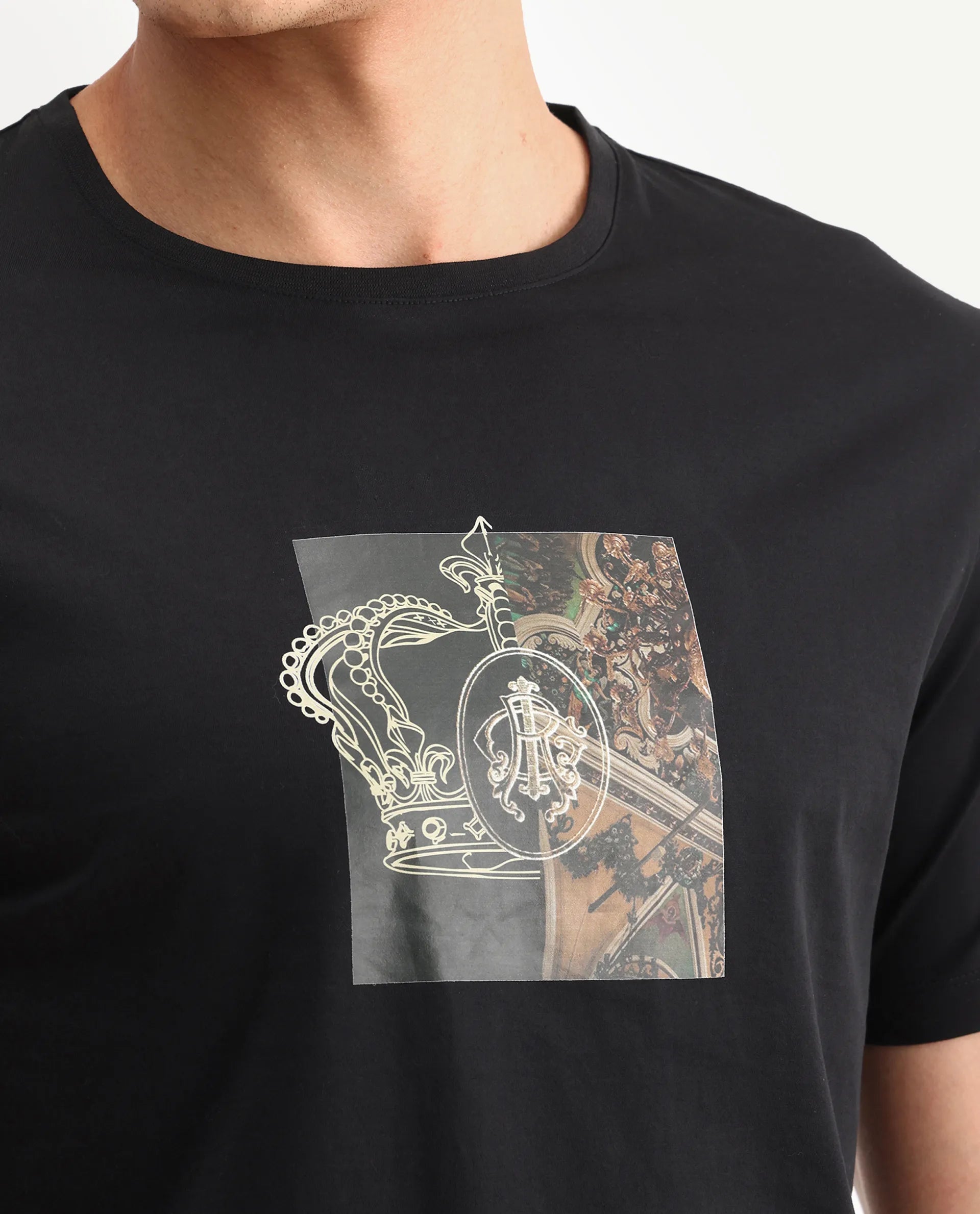 Rare Rabbit Men's Vavo Black Cotton Fabric Half Sleeve Crew Neck Regular Fit Graphic Print T-Shirt