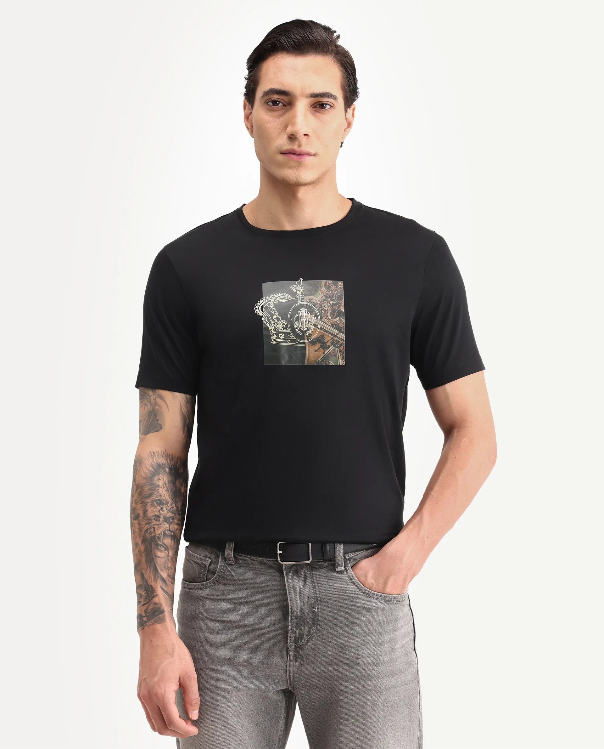 Rare Rabbit Men's Vavo Black Cotton Fabric Half Sleeve Crew Neck Regular Fit Graphic Print T-Shirt