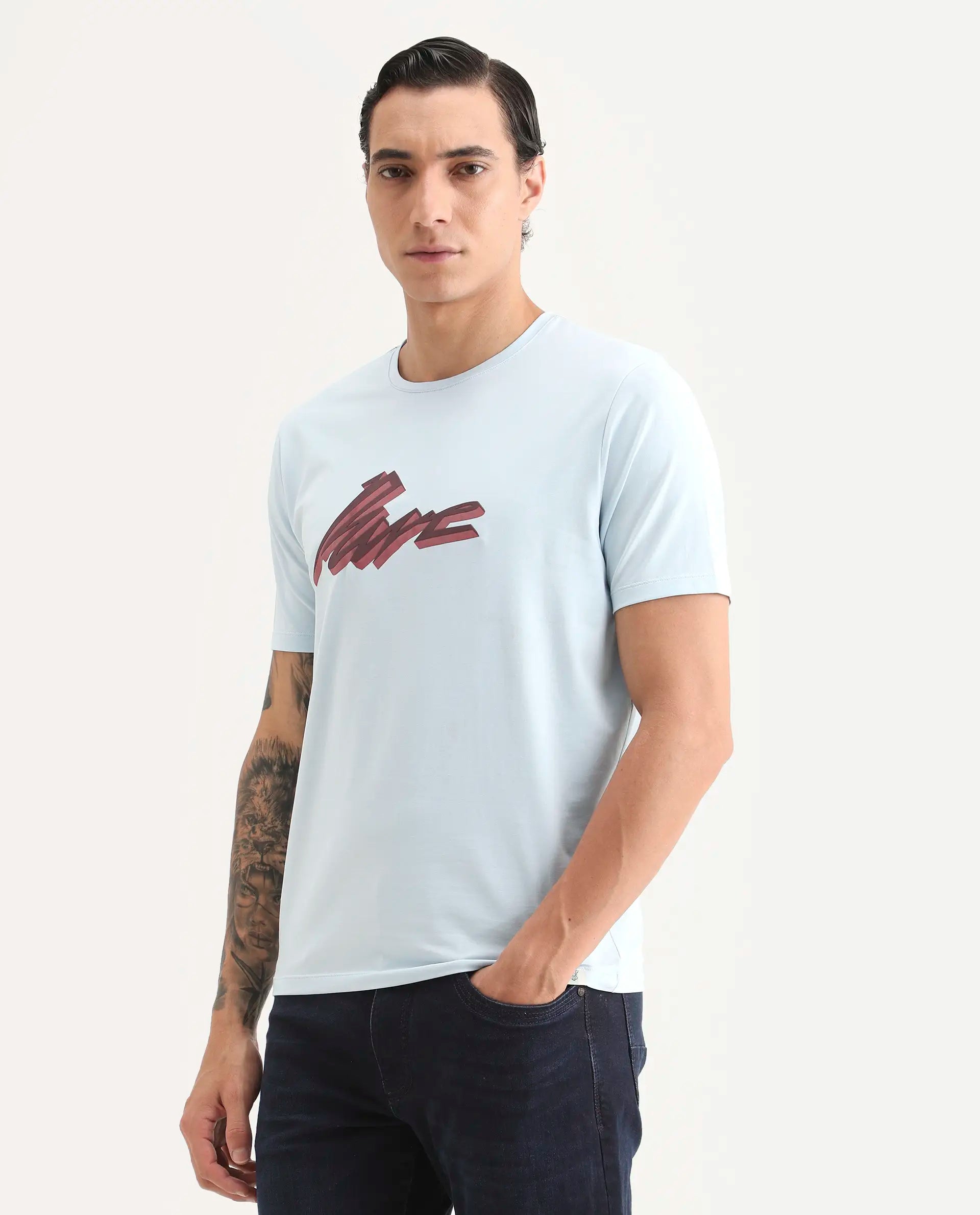Rare Rabbit Men's Via Light Blue Cotton Blend Fabric Half Sleeve Crew Neck Regular Fit Graphic Print T-Shirt
