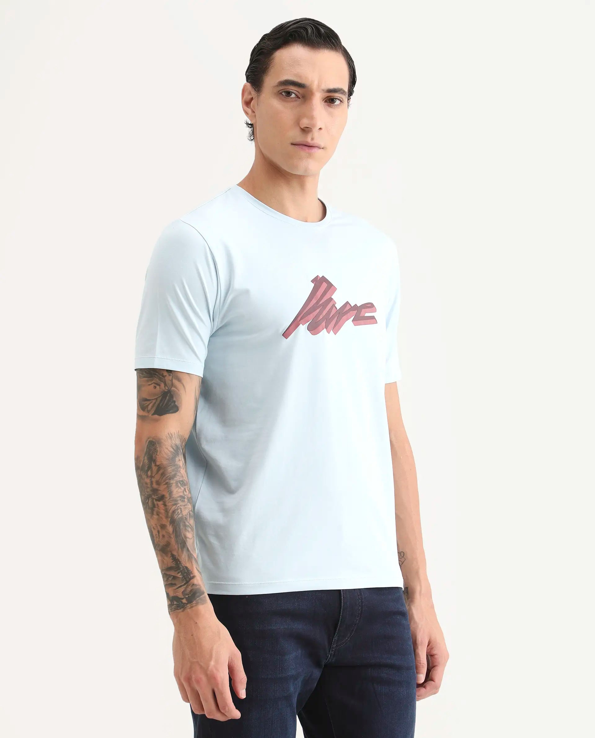 Rare Rabbit Men's Via Light Blue Cotton Blend Fabric Half Sleeve Crew Neck Regular Fit Graphic Print T-Shirt