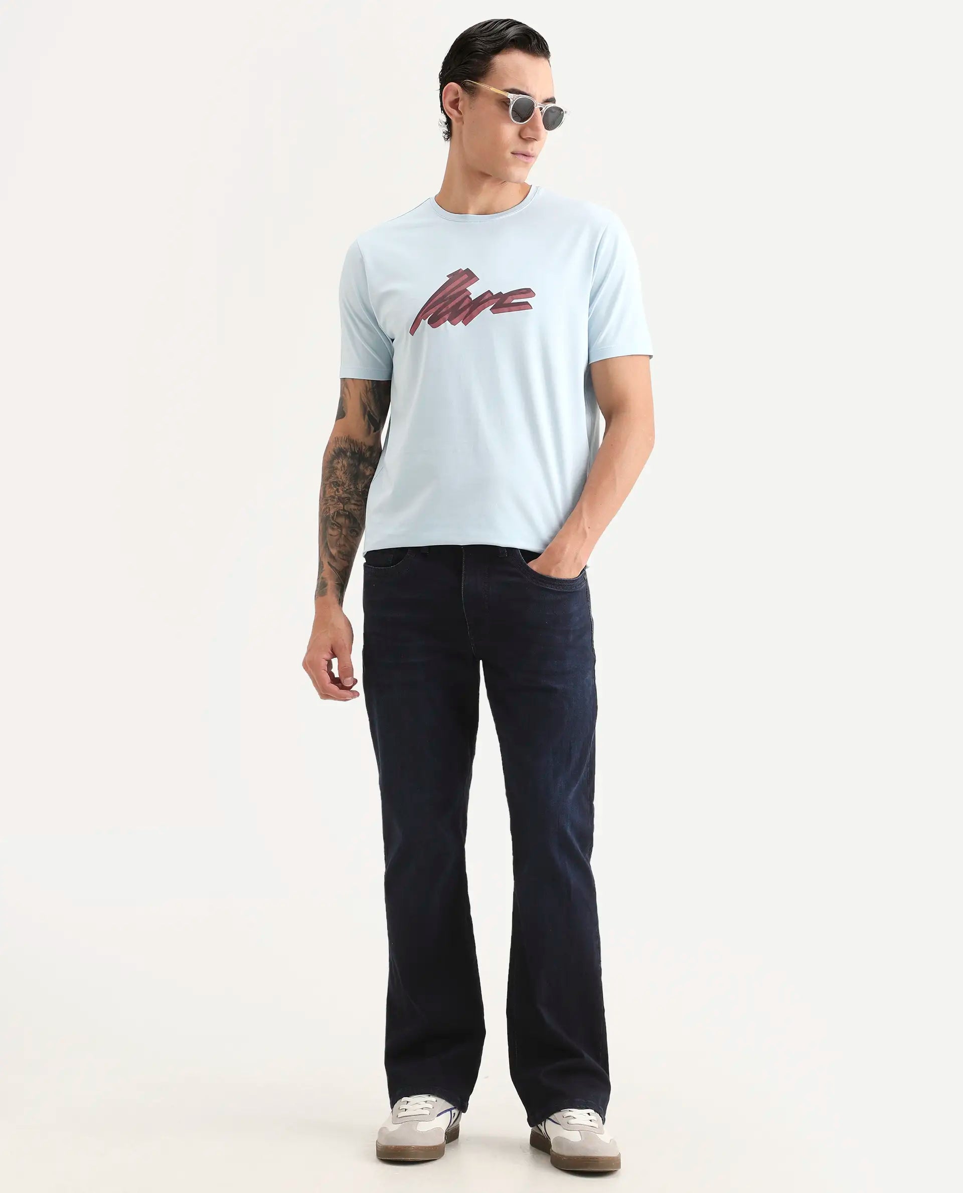 Rare Rabbit Men's Via Light Blue Cotton Blend Fabric Half Sleeve Crew Neck Regular Fit Graphic Print T-Shirt