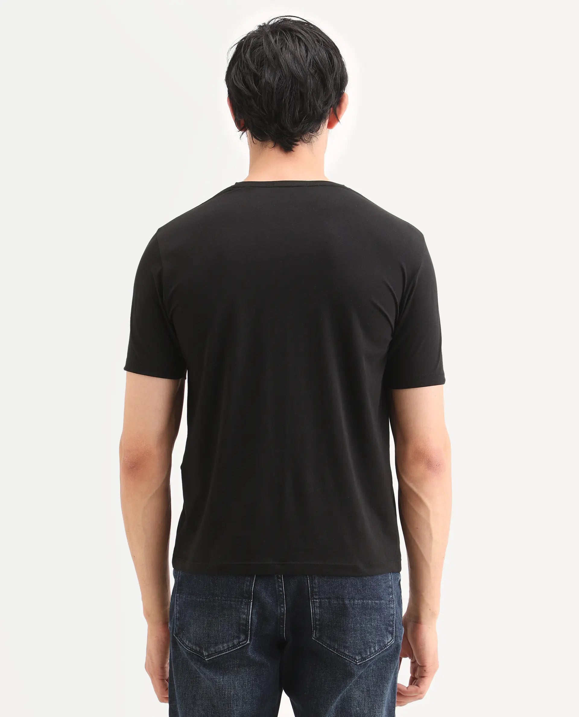 Rare Rabbit Men's Via Black Cotton Blend Fabric Half Sleeve Crew Neck Regular Fit Graphic Print T-Shirt