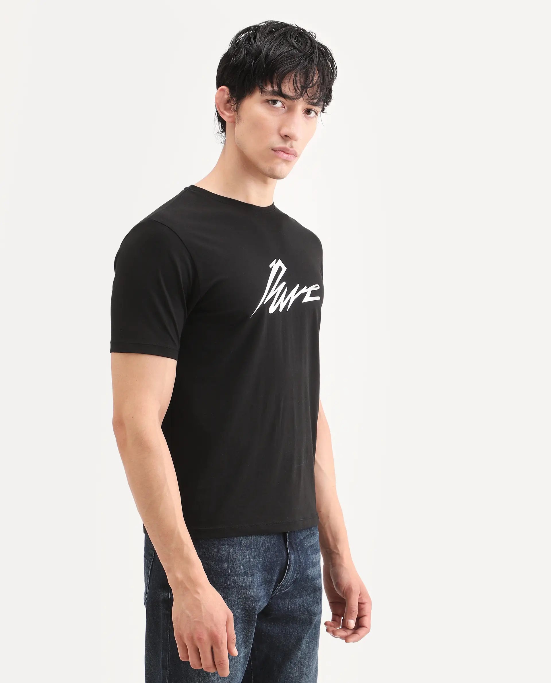Rare Rabbit Men's Via Black Cotton Blend Fabric Half Sleeve Crew Neck Regular Fit Graphic Print T-Shirt