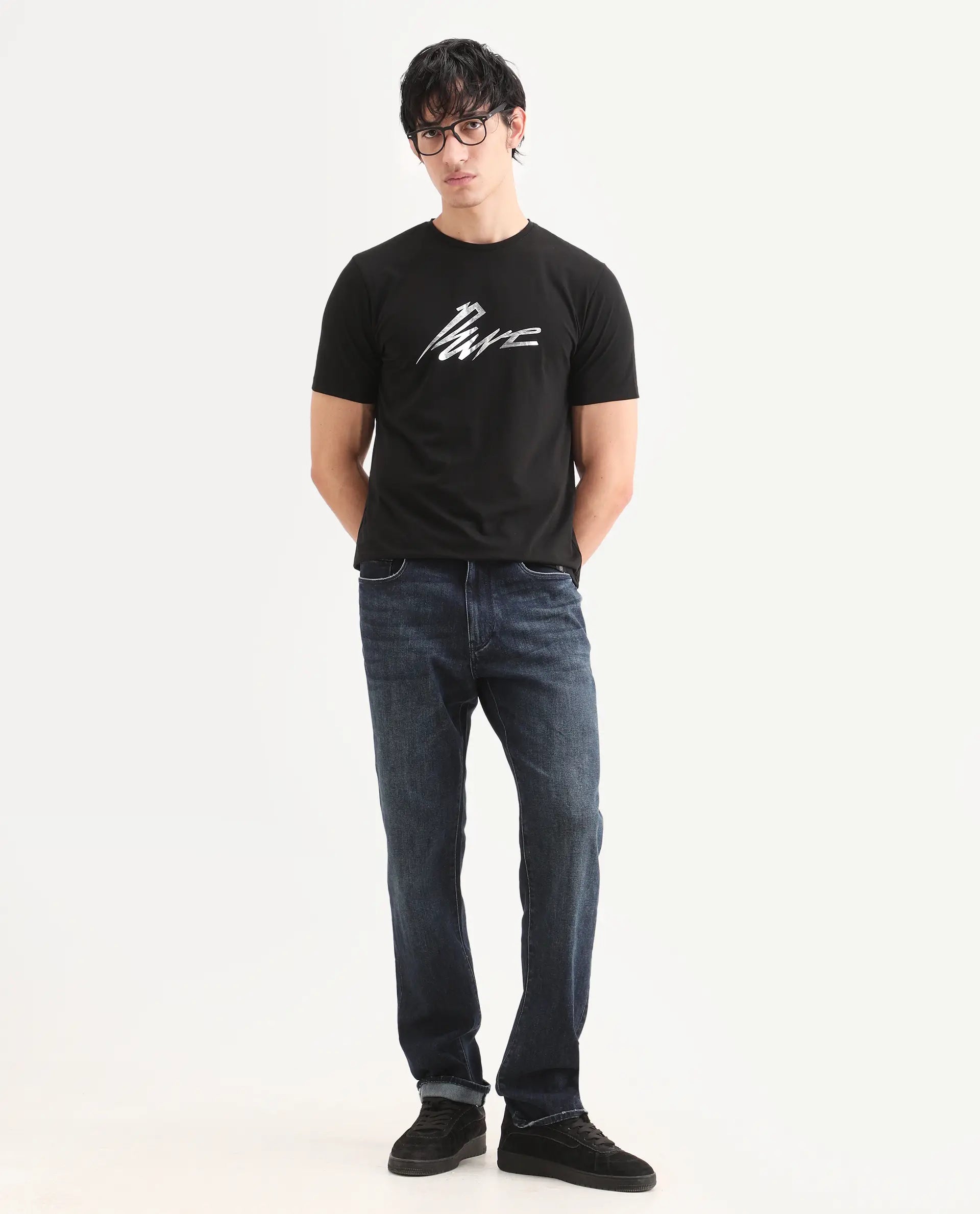 Rare Rabbit Men's Via Black Cotton Blend Fabric Half Sleeve Crew Neck Regular Fit Graphic Print T-Shirt