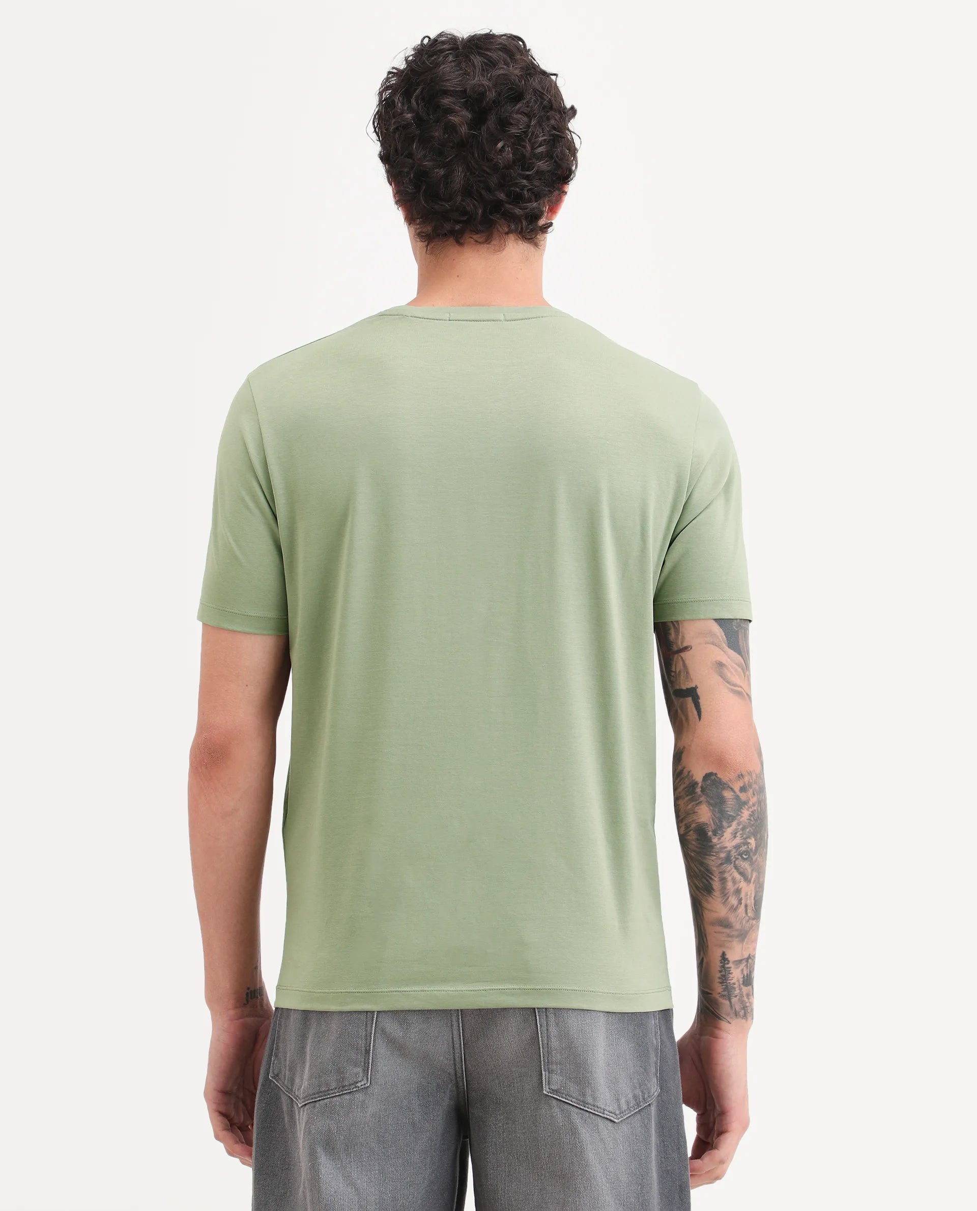 Rare Rabbit Men's Via Dusky Olive Cotton Blend Fabric Half Sleeve Crew Neck Regular Fit Graphic Print T-Shirt