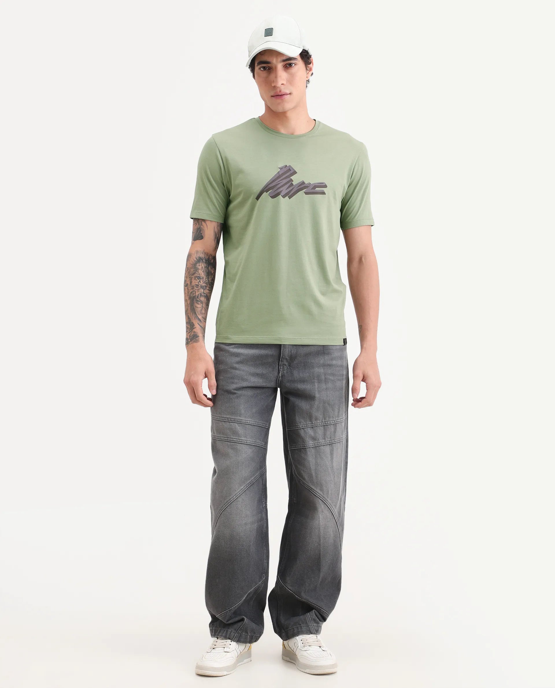 Rare Rabbit Men's Via Dusky Olive Cotton Blend Fabric Half Sleeve Crew Neck Regular Fit Graphic Print T-Shirt