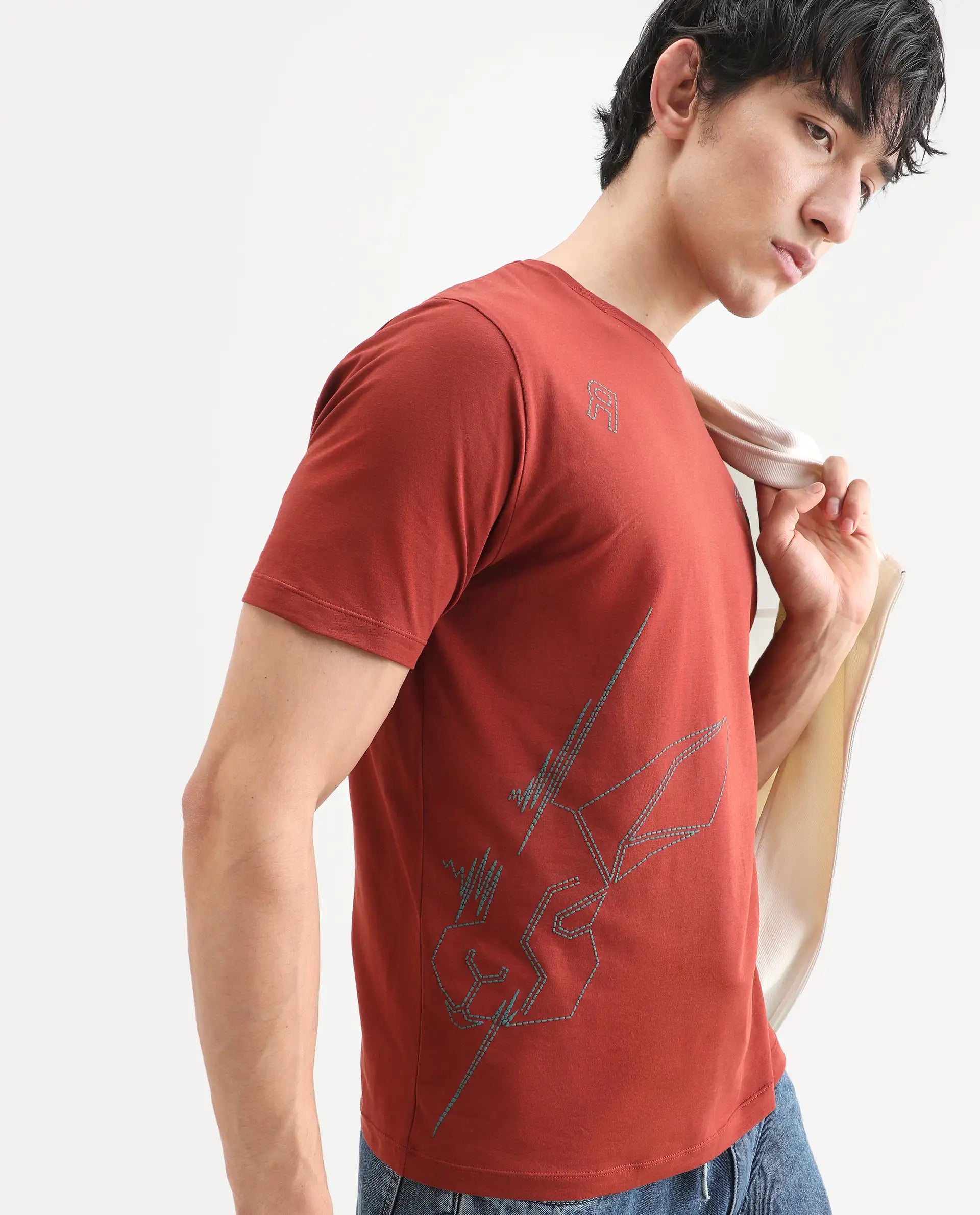 Rare Rabbit Men's Vin Rust Cotton Blend Fabric Half Sleeve Crew Neck Regular Fit T-Shirt