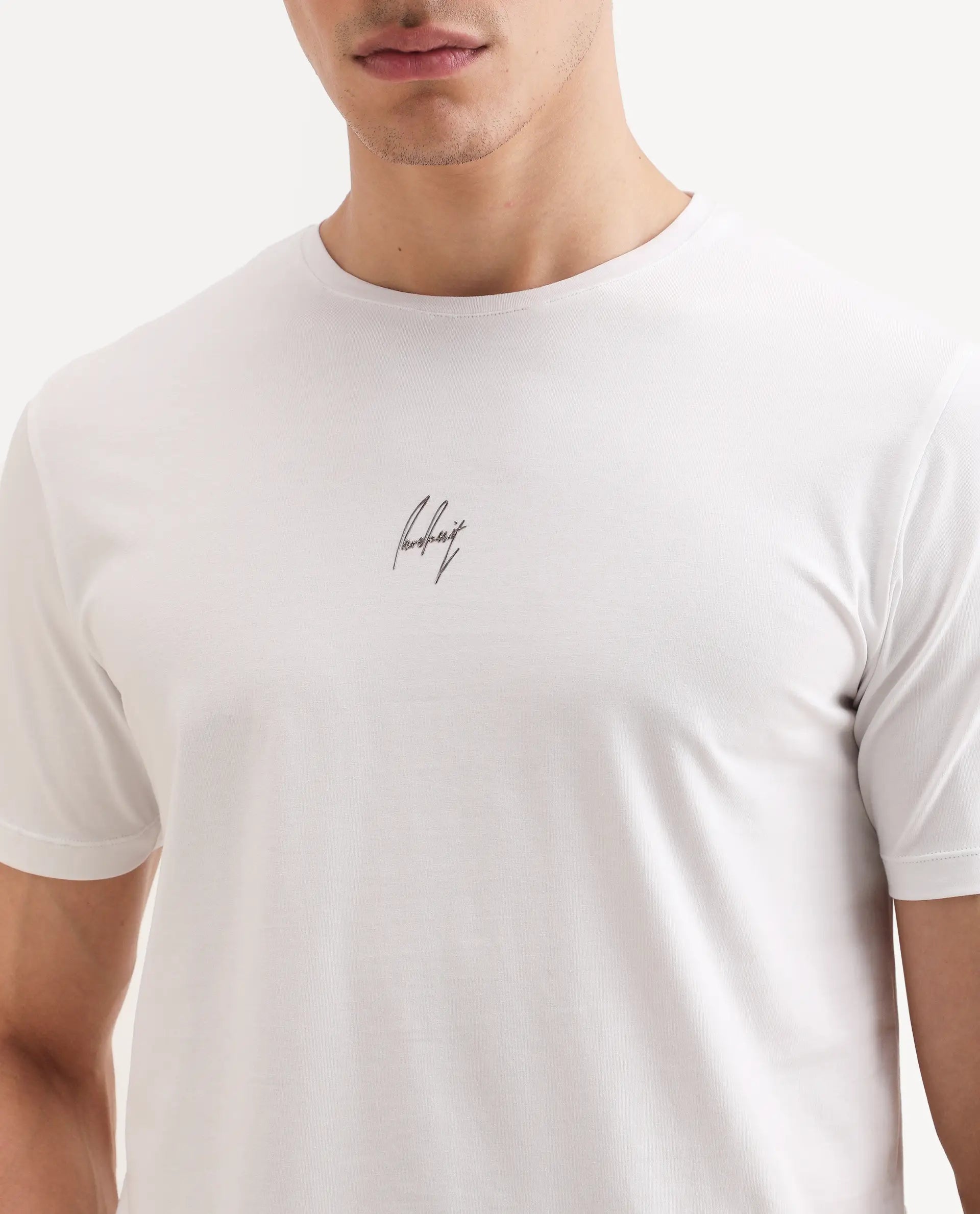 Rare Rabbit Men's Wan White Cotton Blend Fabric Half Sleeve Crew Neck Regular Fit Graphic Print T-Shirt