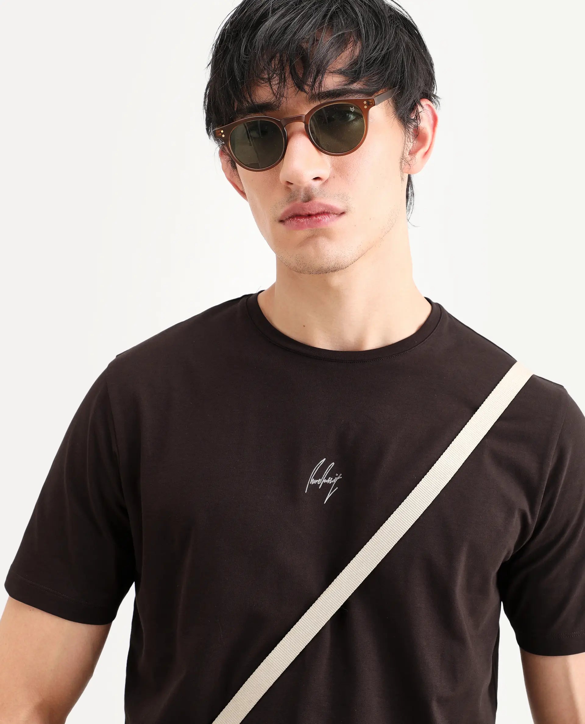 Rare Rabbit Men's Wan Light Brown Cotton Blend Fabric Half Sleeve Crew Neck Regular Fit Graphic Print T-Shirt