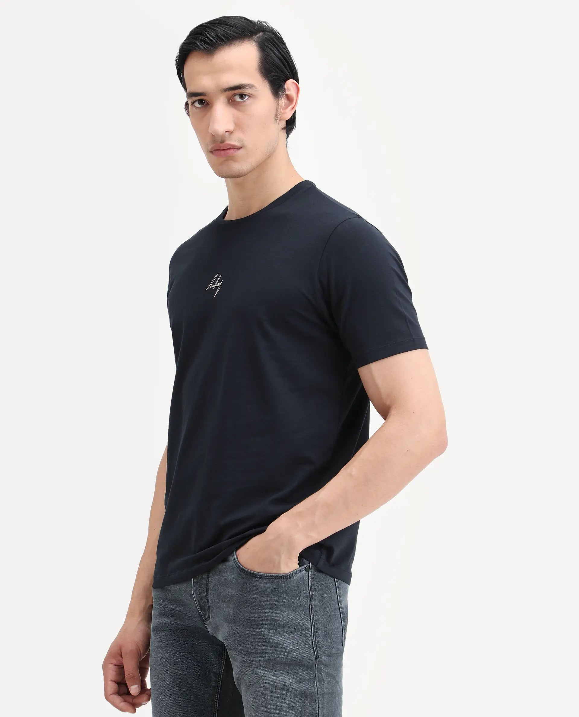 Rare Rabbit Men's Wan Navy Cotton Blend Fabric Half Sleeve Crew Neck Regular Fit HD Print T-Shirt