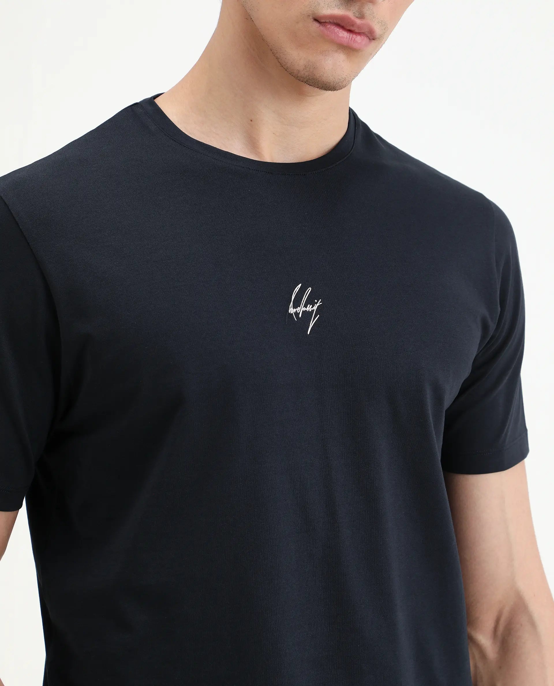 Rare Rabbit Men's Wan Navy Cotton Blend Fabric Half Sleeve Crew Neck Regular Fit HD Print T-Shirt
