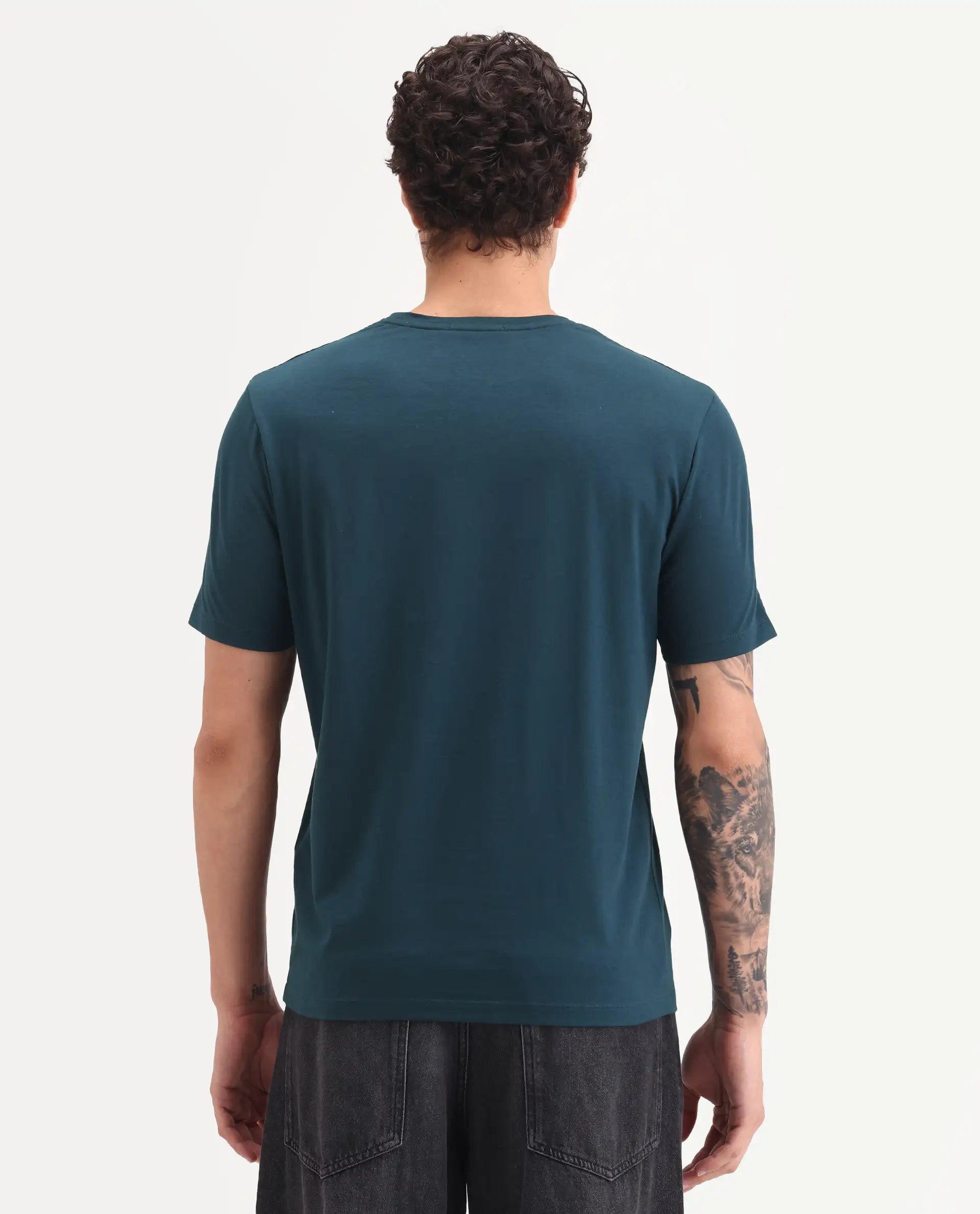 Rare Rabbit Men's Wog Dark Teal Cotton Blend Fabric Half Sleeve Crew Neck Regular Fit Graphic Print T-Shirt