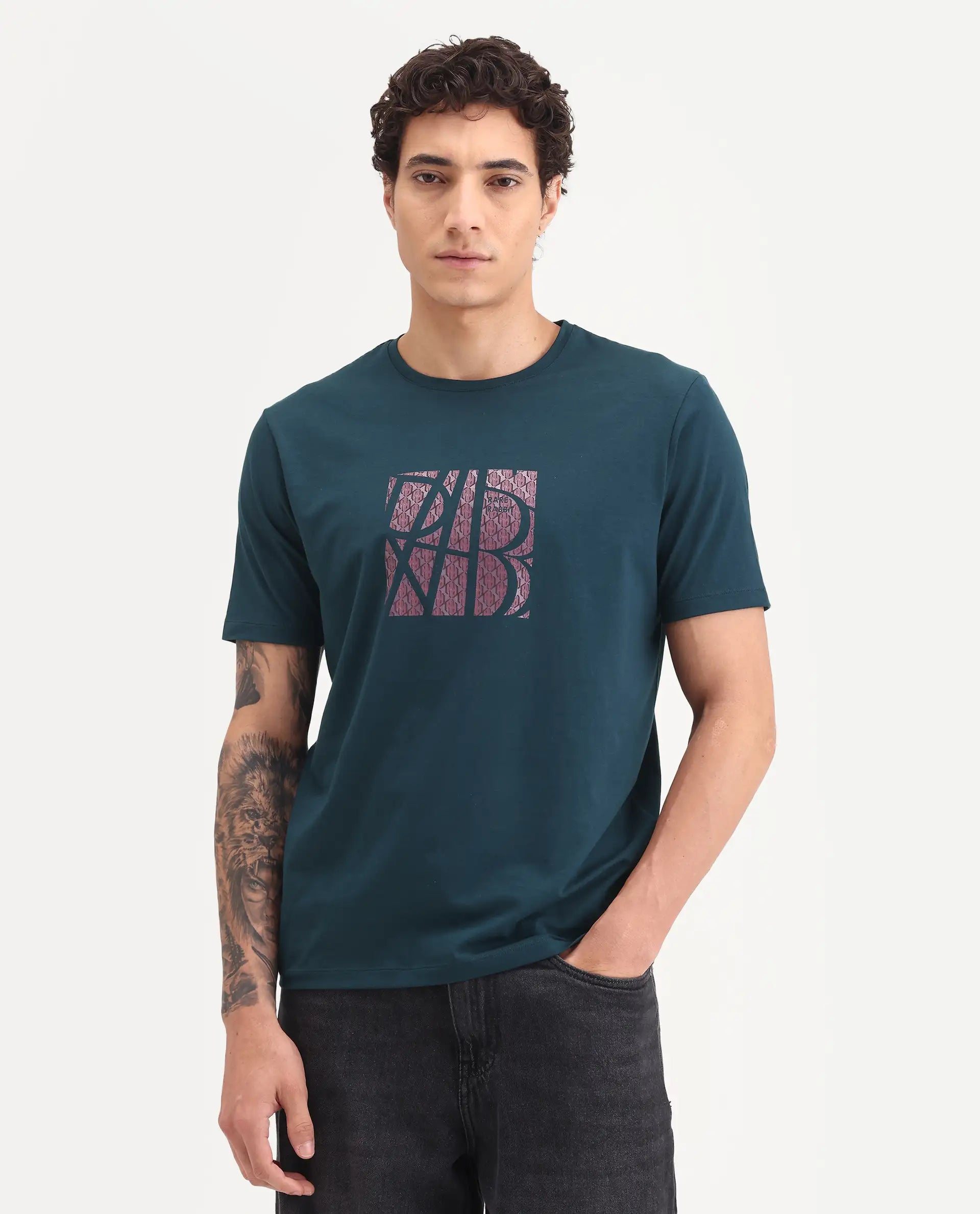 Rare Rabbit Men's Wog Dark Teal Cotton Blend Fabric Half Sleeve Crew Neck Regular Fit Graphic Print T-Shirt