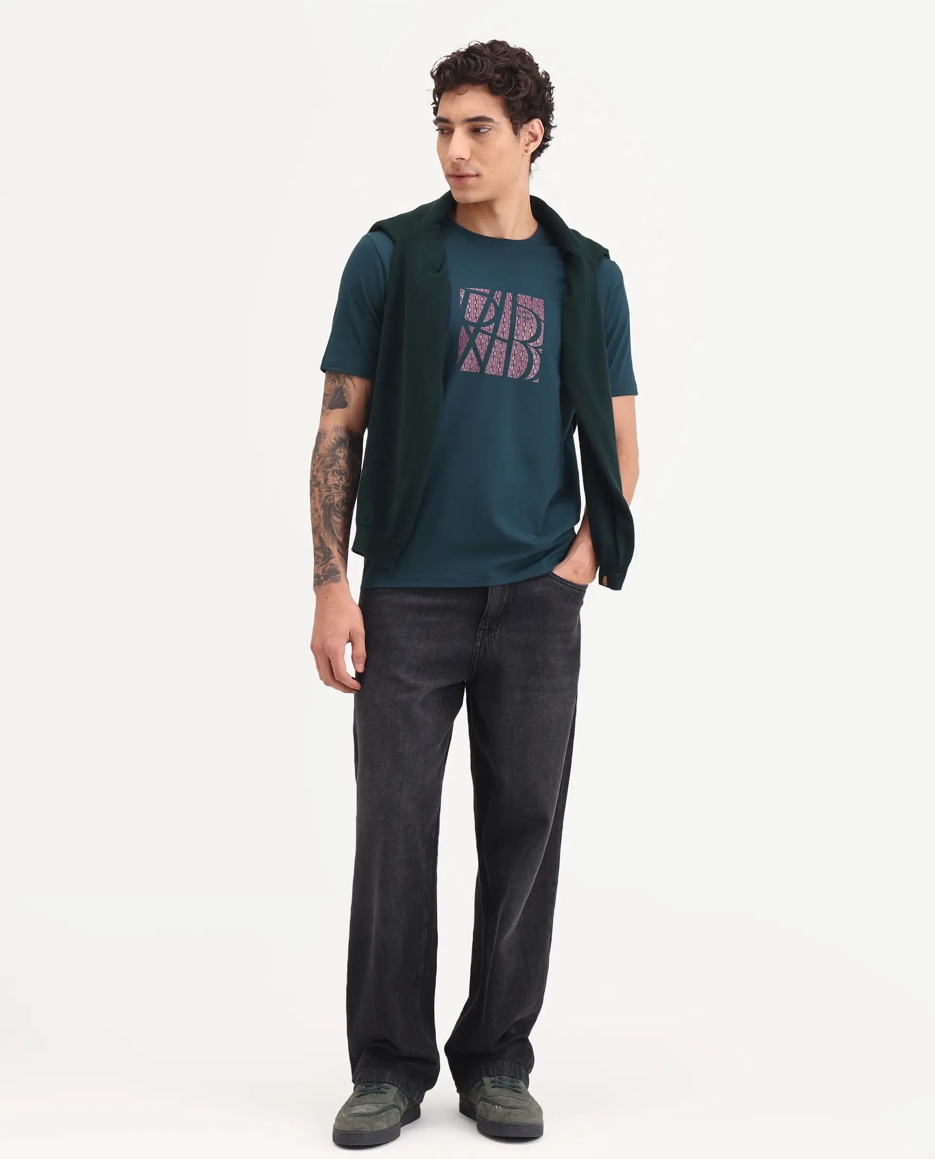 Rare Rabbit Men's Wog Dark Teal Cotton Blend Fabric Half Sleeve Crew Neck Regular Fit Graphic Print T-Shirt