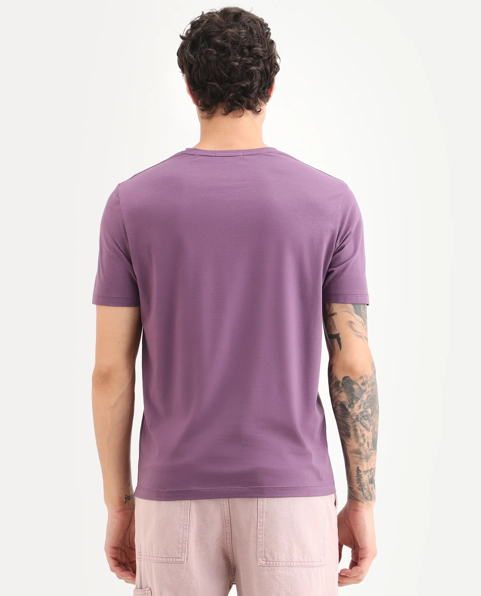 Rare Rabbit Men's Wog Dusky Purple Cotton Blend Fabric Half Sleeve Crew Neck Regular Fit Graphic Print T-Shirt