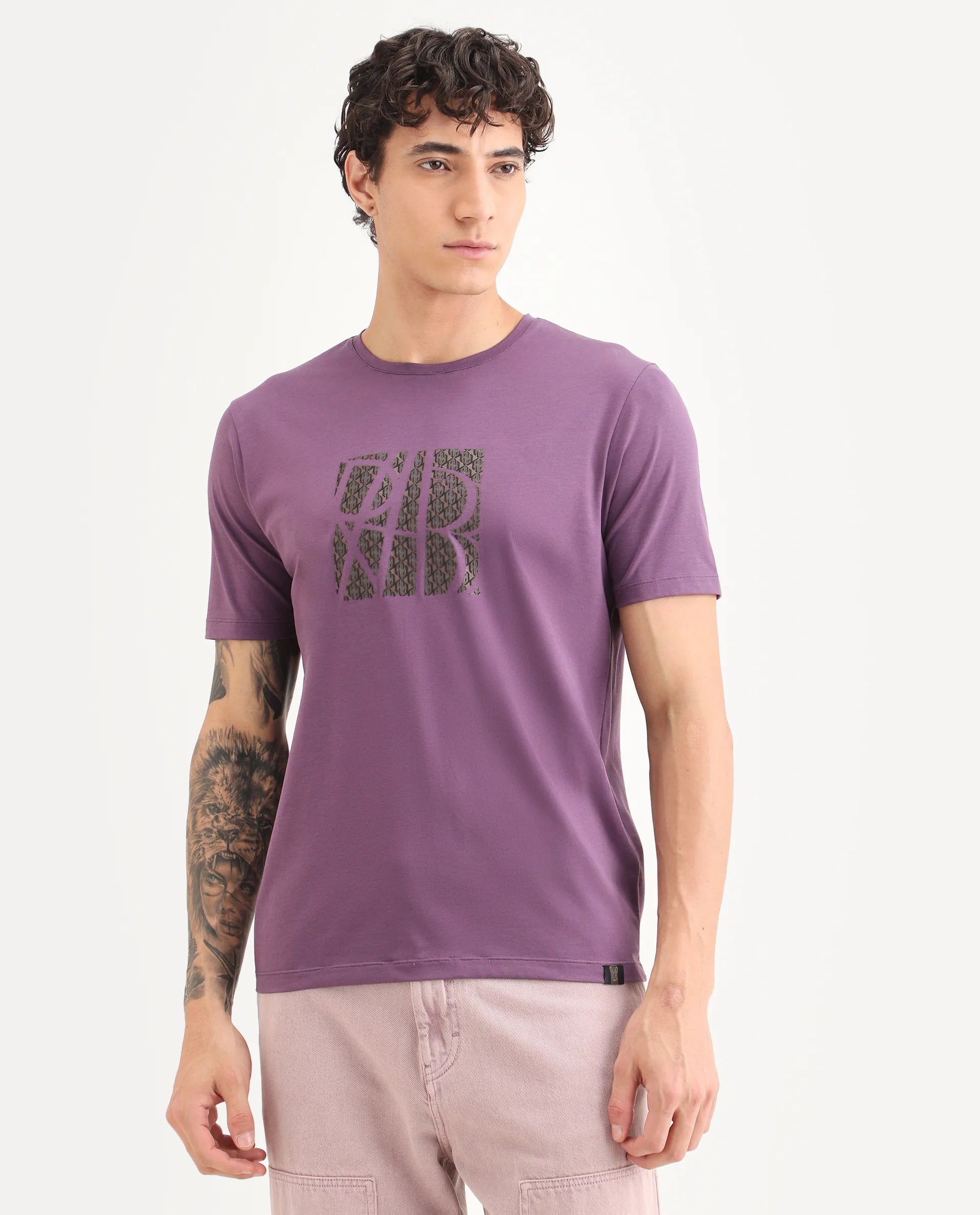 Rare Rabbit Men's Wog Dusky Purple Cotton Blend Fabric Half Sleeve Crew Neck Regular Fit Graphic Print T-Shirt