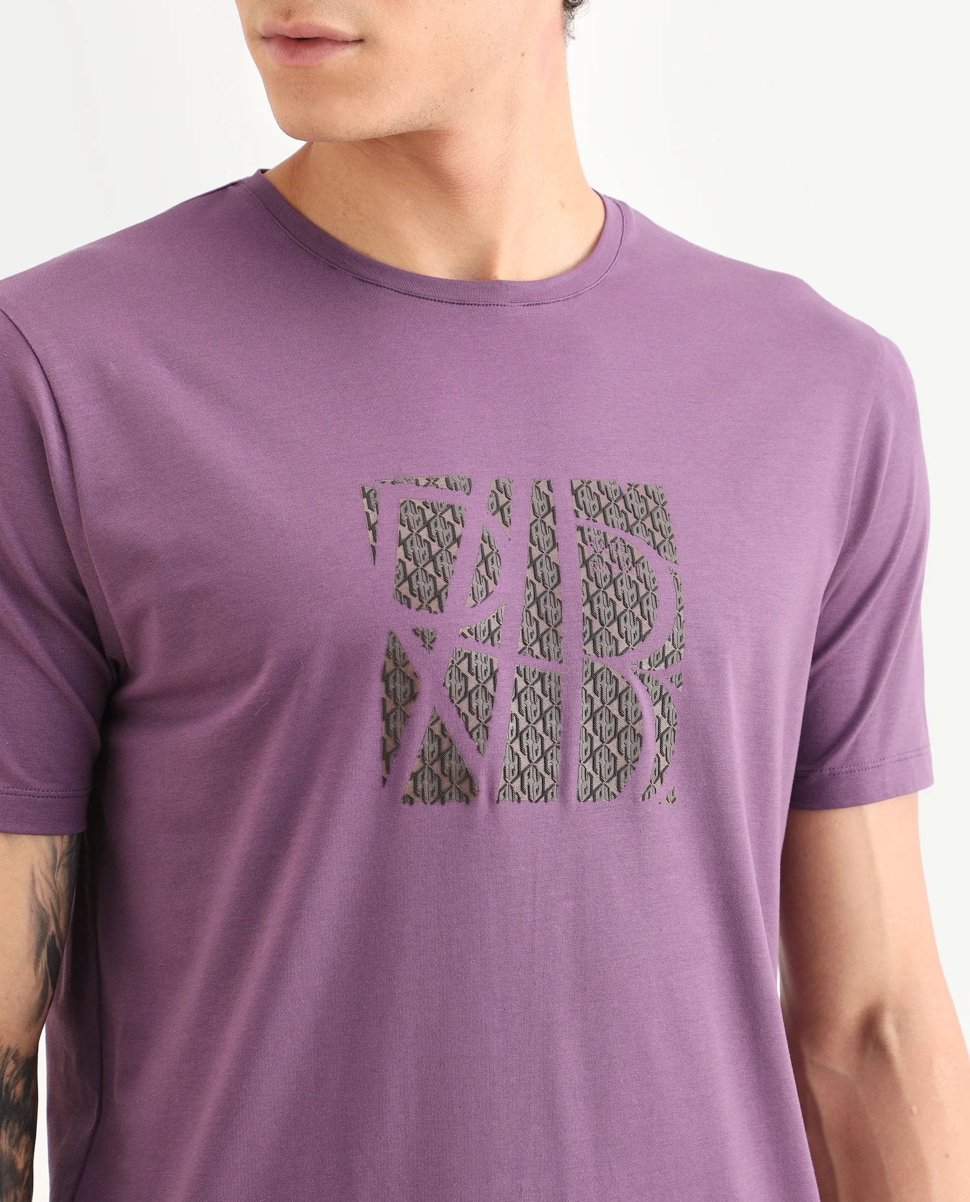 Rare Rabbit Men's Wog Dusky Purple Cotton Blend Fabric Half Sleeve Crew Neck Regular Fit Graphic Print T-Shirt