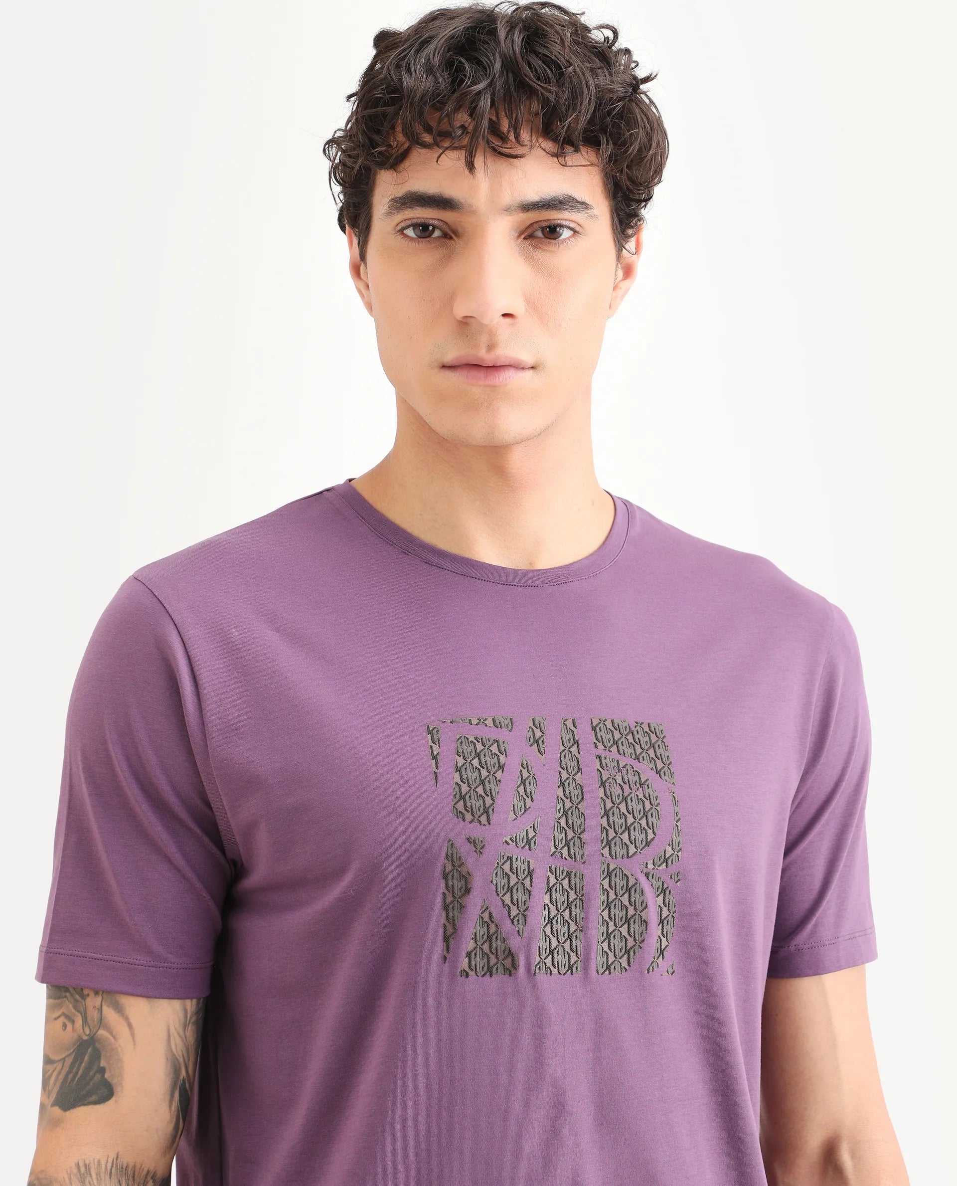 Rare Rabbit Men's Wog Dusky Purple Cotton Blend Fabric Half Sleeve Crew Neck Regular Fit Graphic Print T-Shirt