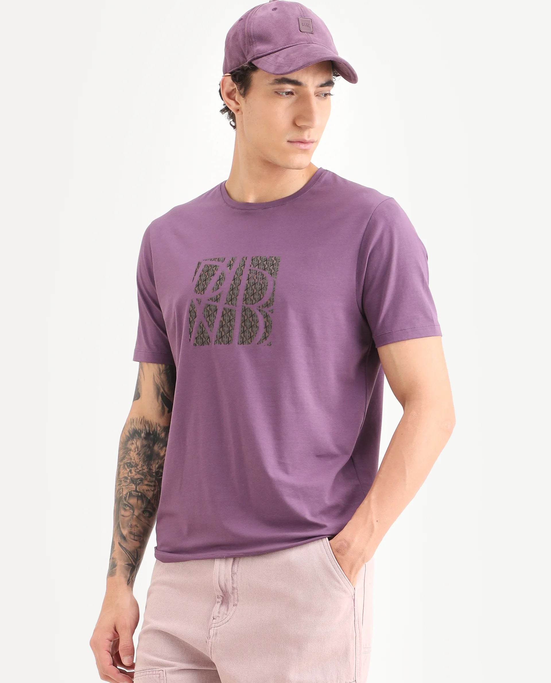 Rare Rabbit Men's Wog Dusky Purple Cotton Blend Fabric Half Sleeve Crew Neck Regular Fit Graphic Print T-Shirt