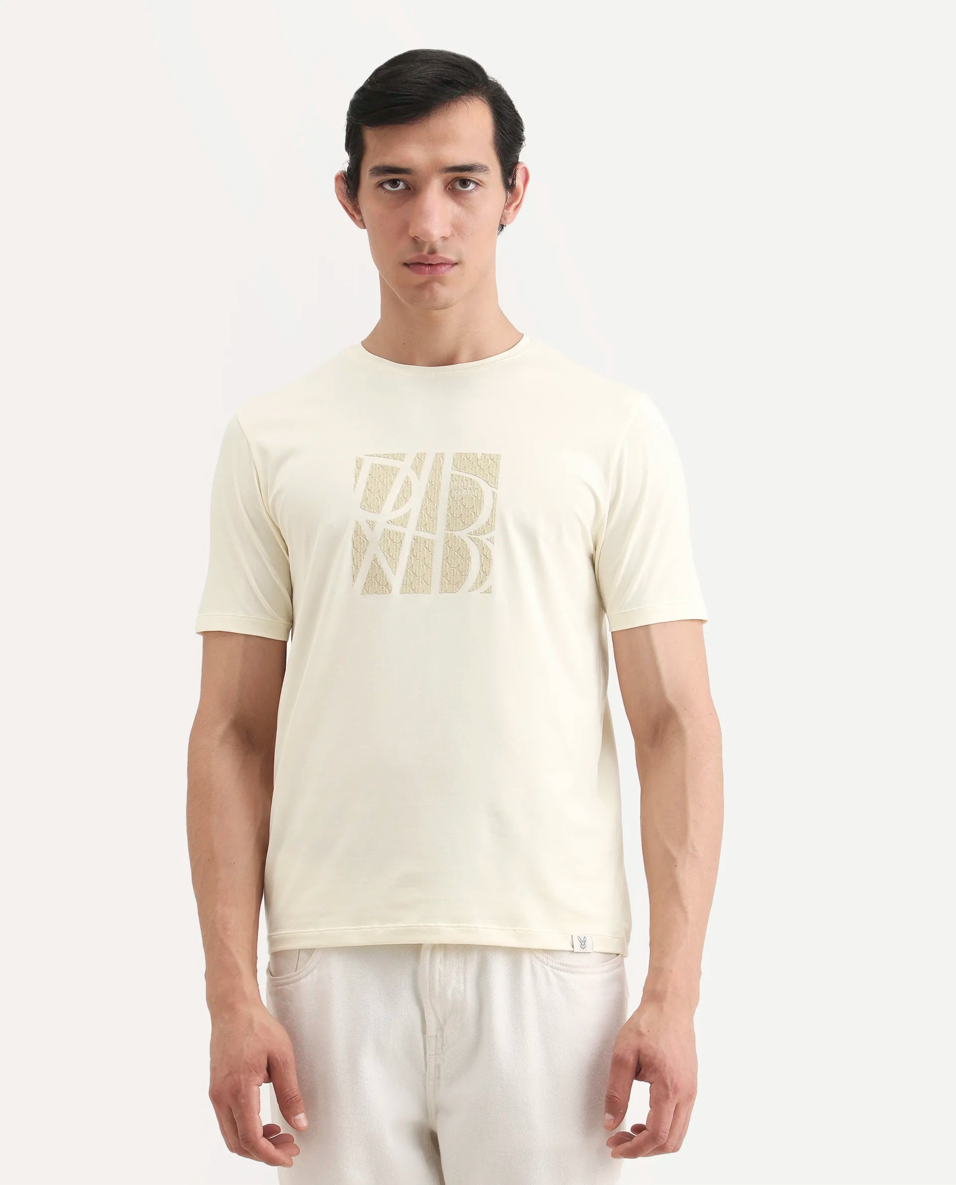 Rare Rabbit Men's Wog Pastel Yellow Cotton Blend Fabric Half Sleeve Crew Neck Regular Fit Graphic Print T-Shirt