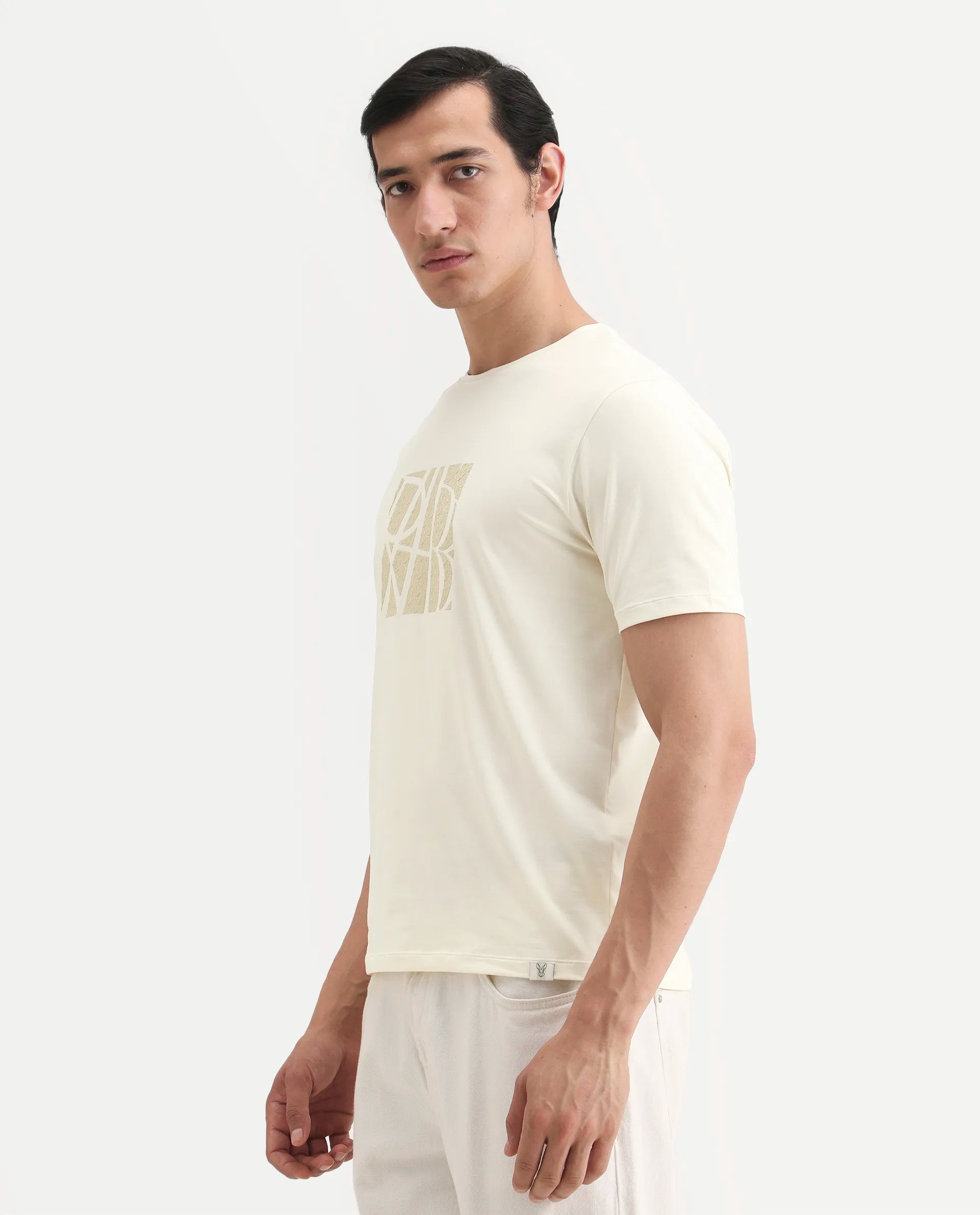Rare Rabbit Men's Wog Pastel Yellow Cotton Blend Fabric Half Sleeve Crew Neck Regular Fit Graphic Print T-Shirt
