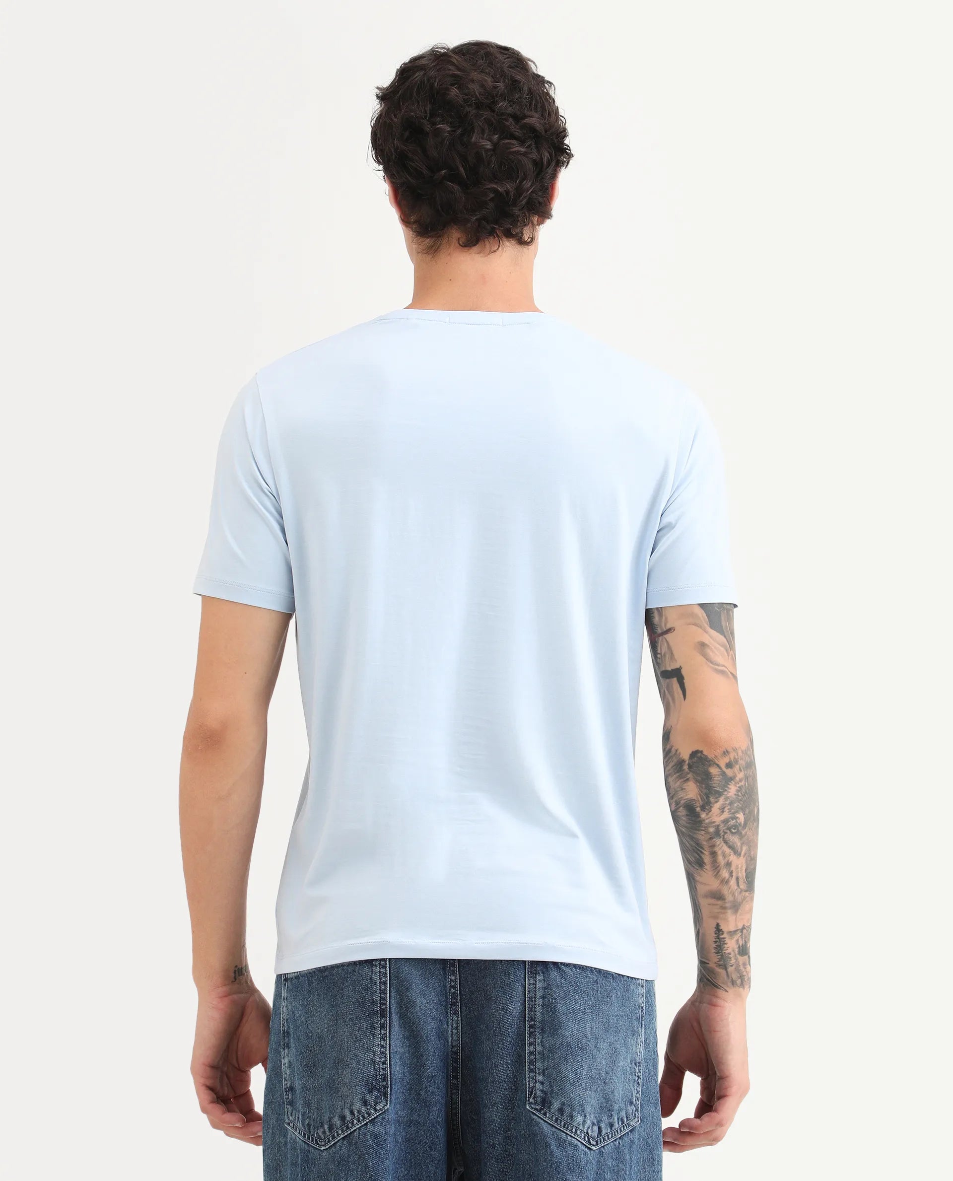 Rare Rabbit Men's Yal Blue Cotton Blend Fabric Half Sleeve Crew Neck Regular Fit Graphic Print T-Shirt