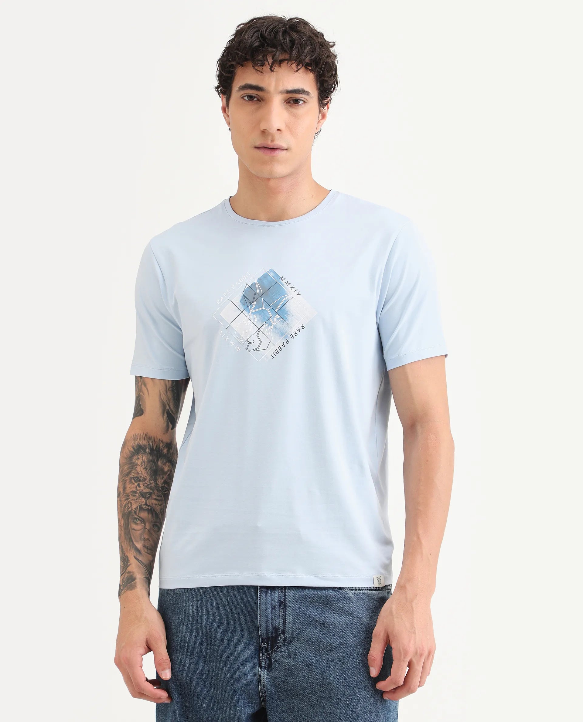 Rare Rabbit Men's Yal Blue Cotton Blend Fabric Half Sleeve Crew Neck Regular Fit Graphic Print T-Shirt