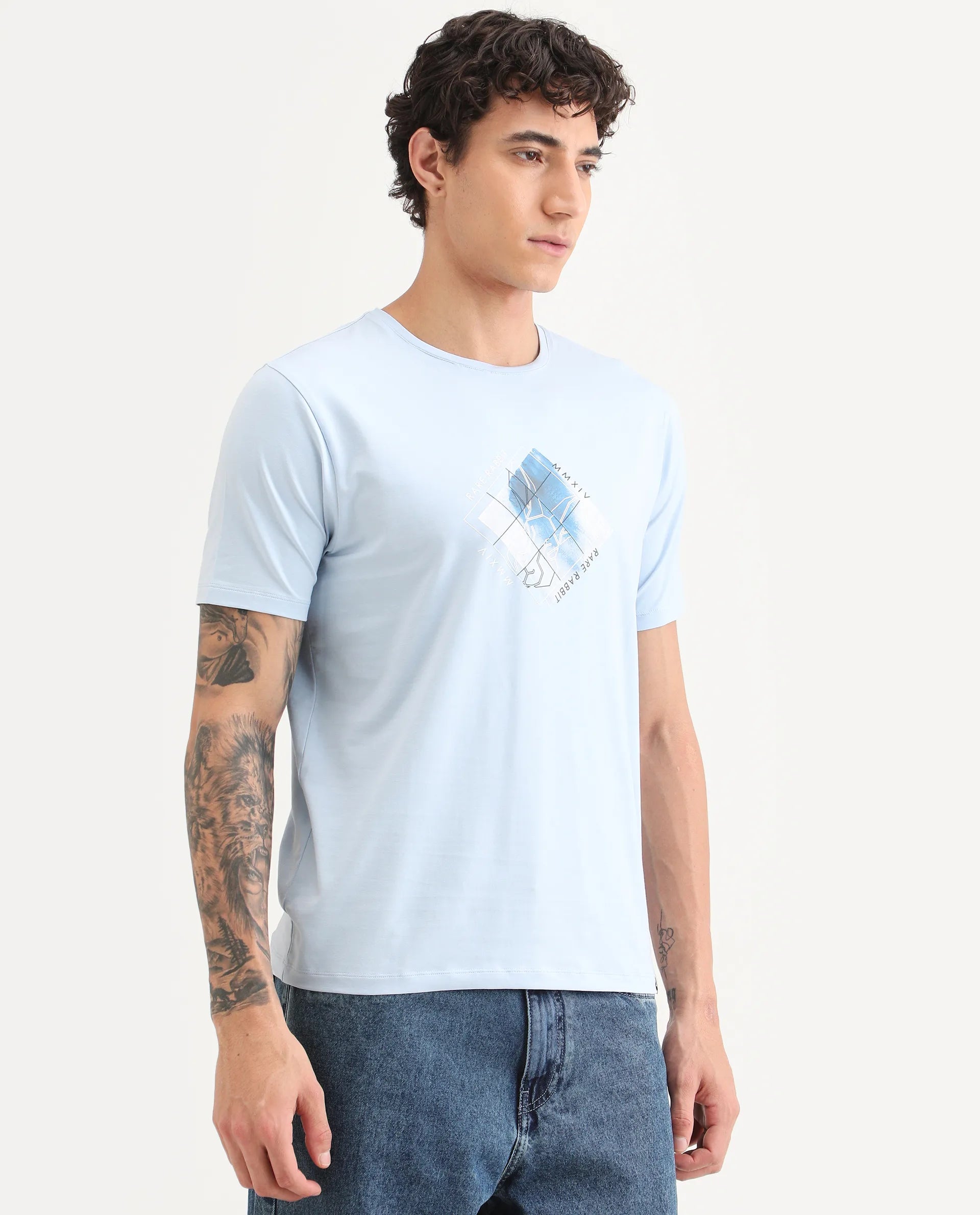Rare Rabbit Men's Yal Blue Cotton Blend Fabric Half Sleeve Crew Neck Regular Fit Graphic Print T-Shirt