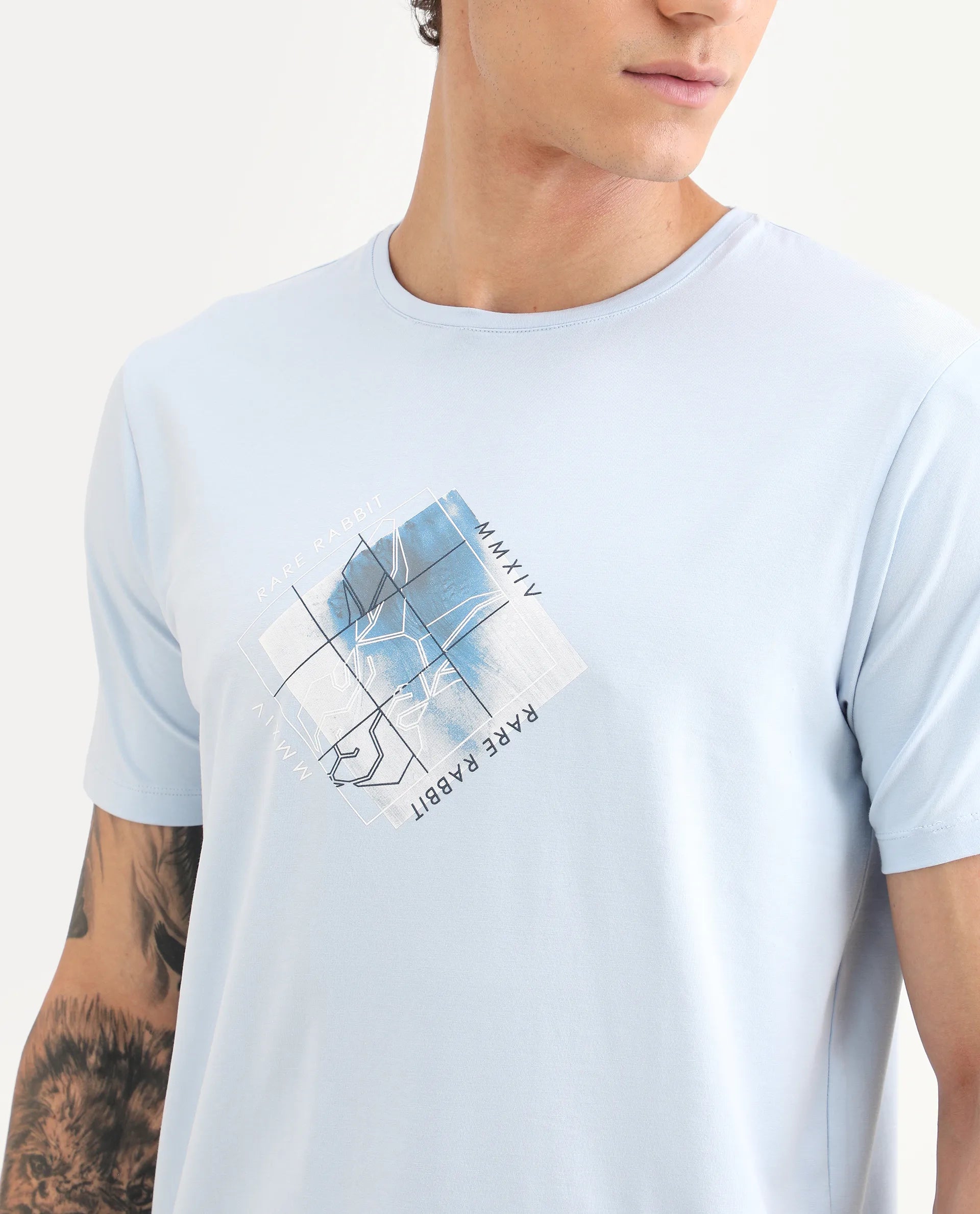 Rare Rabbit Men's Yal Blue Cotton Blend Fabric Half Sleeve Crew Neck Regular Fit Graphic Print T-Shirt