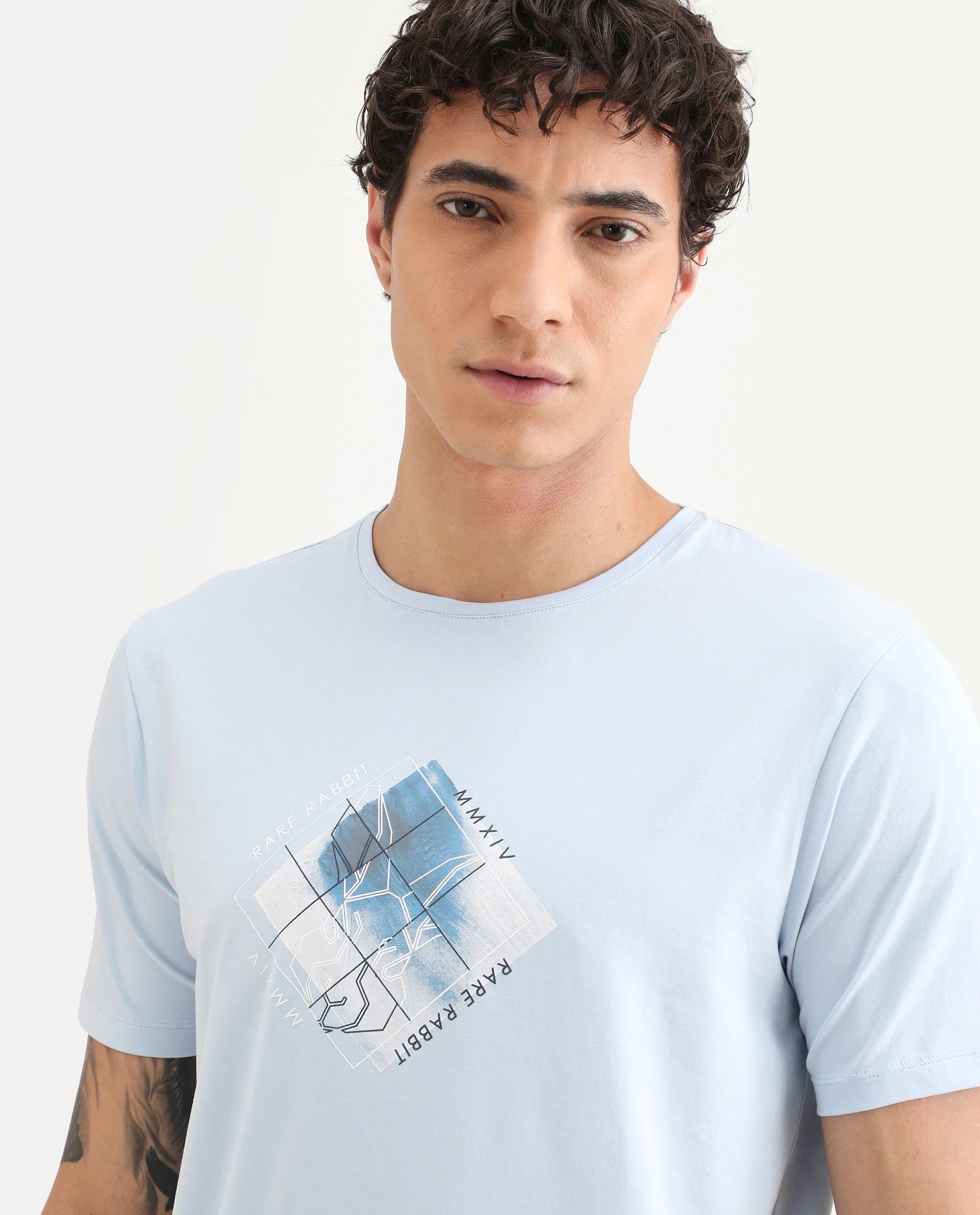 Rare Rabbit Men's Yal Blue Cotton Blend Fabric Half Sleeve Crew Neck Regular Fit Graphic Print T-Shirt