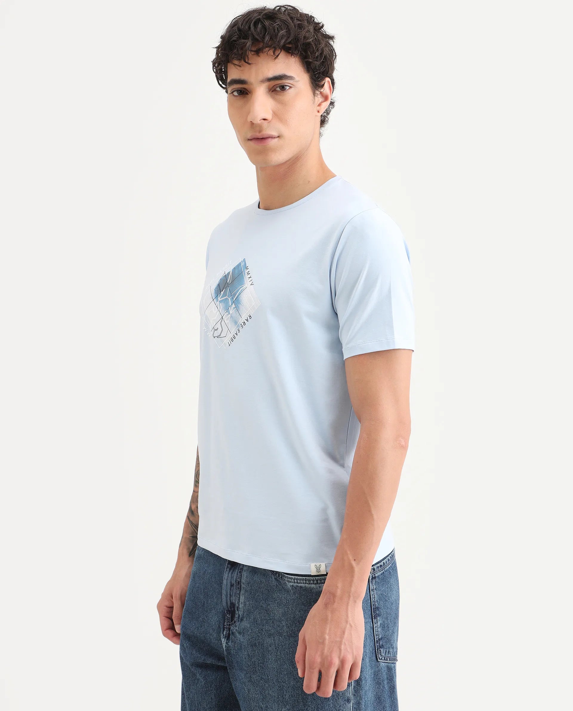Rare Rabbit Men's Yal Blue Cotton Blend Fabric Half Sleeve Crew Neck Regular Fit Graphic Print T-Shirt