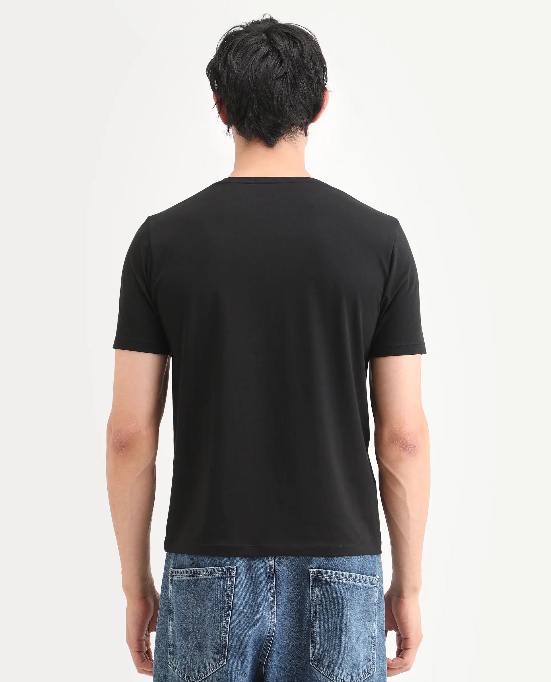 Rare Rabbit Men's Zint Black Cotton Blend Fabric Half Sleeve Crew Neck Regular Fit Graphic Print T-Shirt