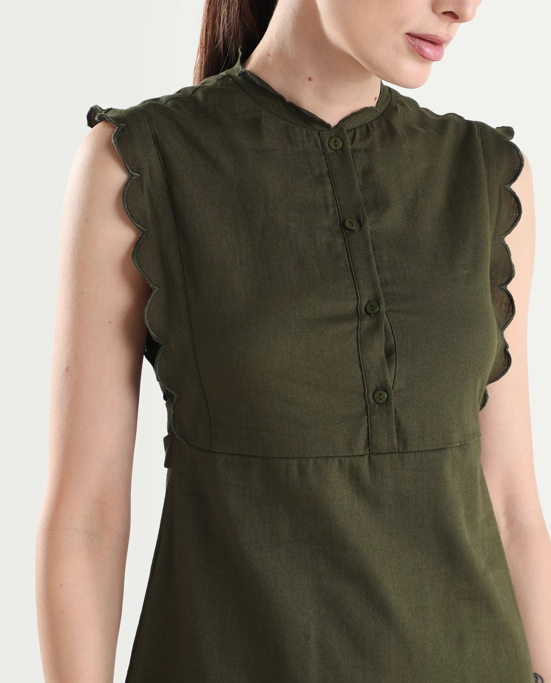 Rareism Women's Adara Olive Cotton Sleeveless A-Line Plain Dress