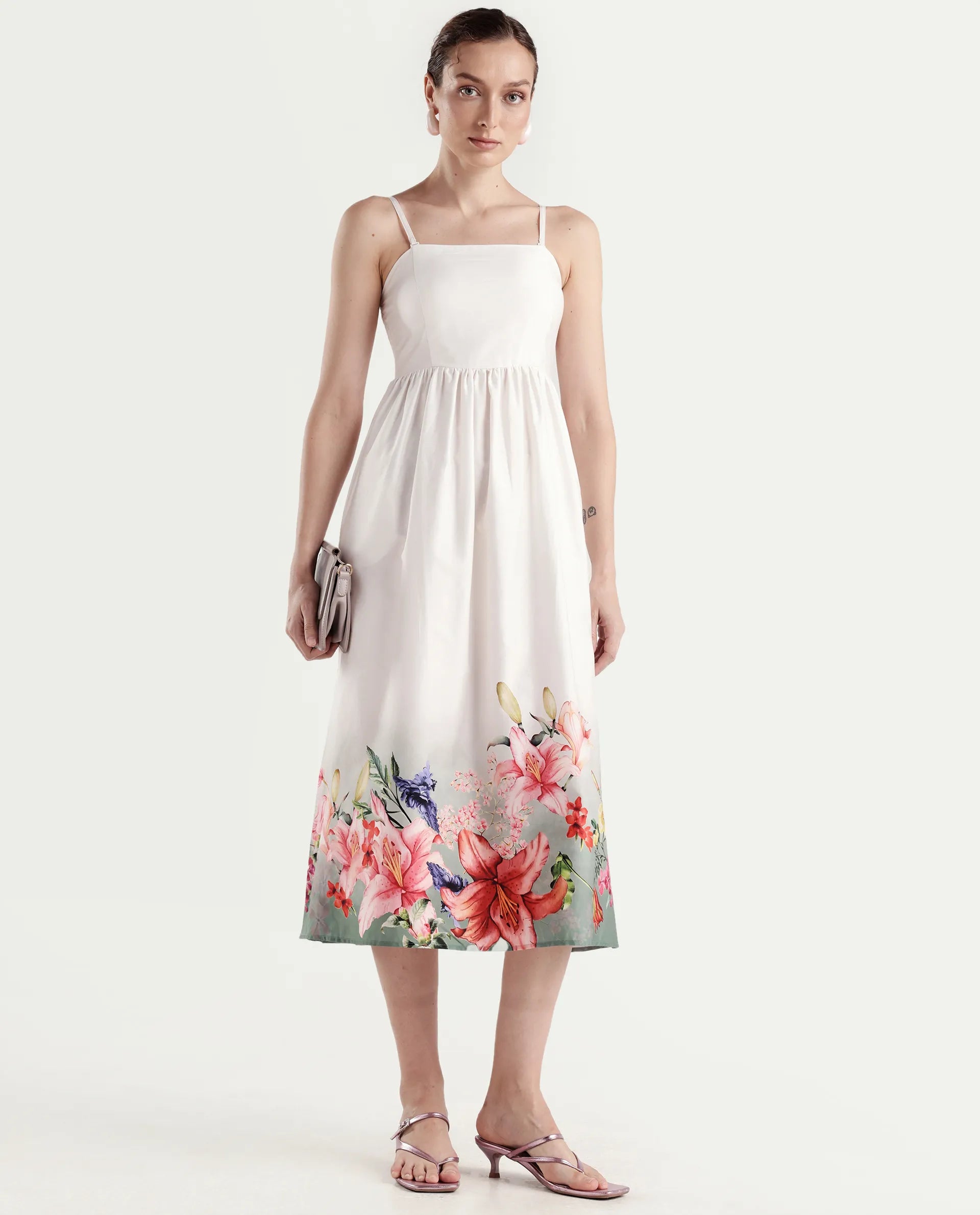 Rareism Women's Agate Off White Cotton Satin Sleeveless Fit And Flare Printed Dress
