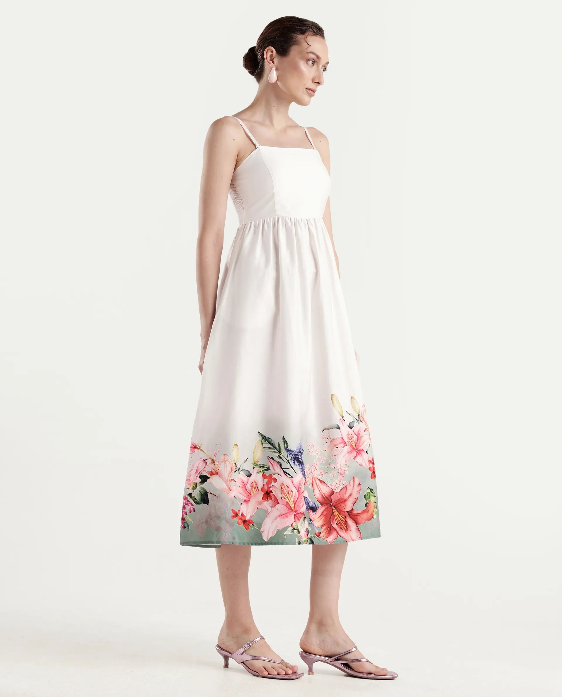 Rareism Women's Agate Off White Cotton Satin Sleeveless Fit And Flare Printed Dress